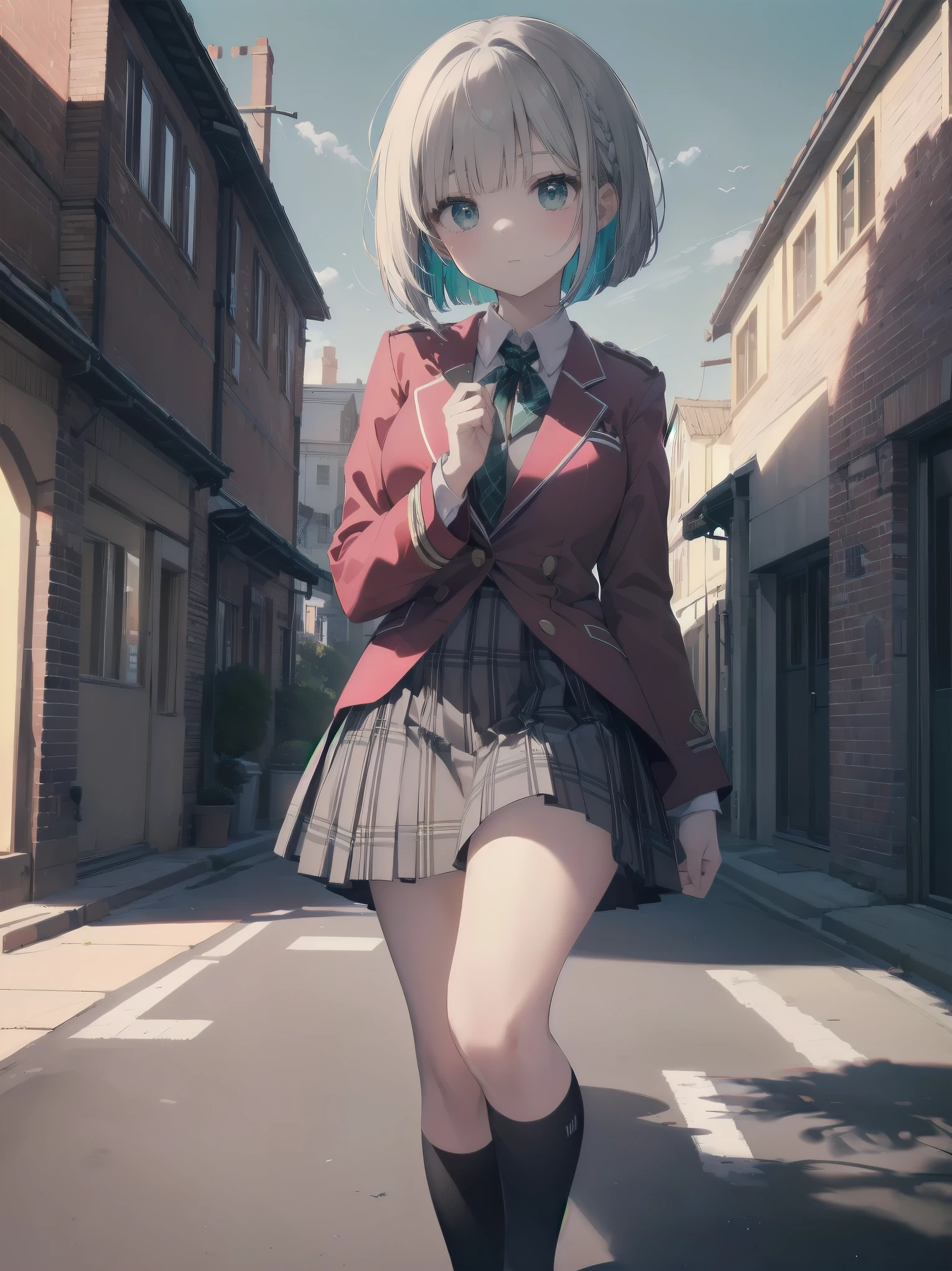Top-High quality、Highest quality、masterpiece、High Contrast、Colorful、Elegance、Sexy expression、high school girl、Beauty、Bob cut braids、uniform、(red blazer)、Ribbon tie、(Green and gray plaid skirt)、(black tightovie-like shadows、fine shading、cute、Truly unbelievably cute absurd、outside、School trip、national treasures、Traditional buildings、blue sky