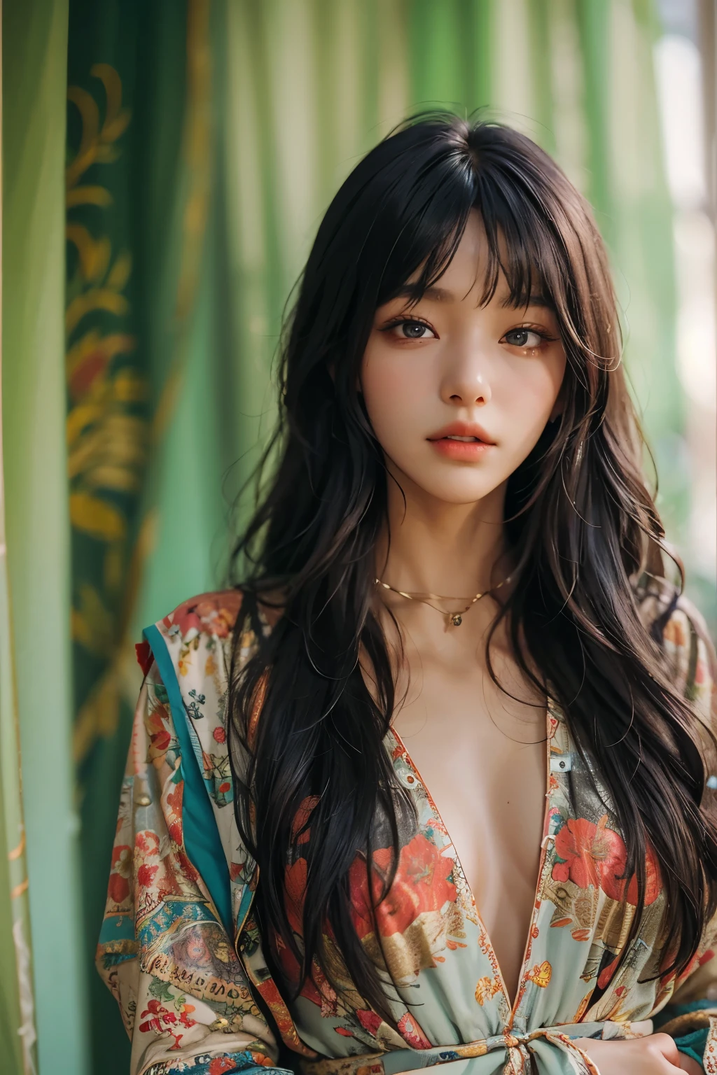 Araped woman wearing multi-colored dress with long black hair, curtain bangs, No makeup, wavy hair, Madison Beer, without makeup, 중앙에서 분리된 curtain bangs, Profile picture, Use Instagram Filters, Subtle soft and dim light, Pose looking back at the beach, perfect face, julia sardinian, perfect hands, Random Actions, coastline, clear sky, 