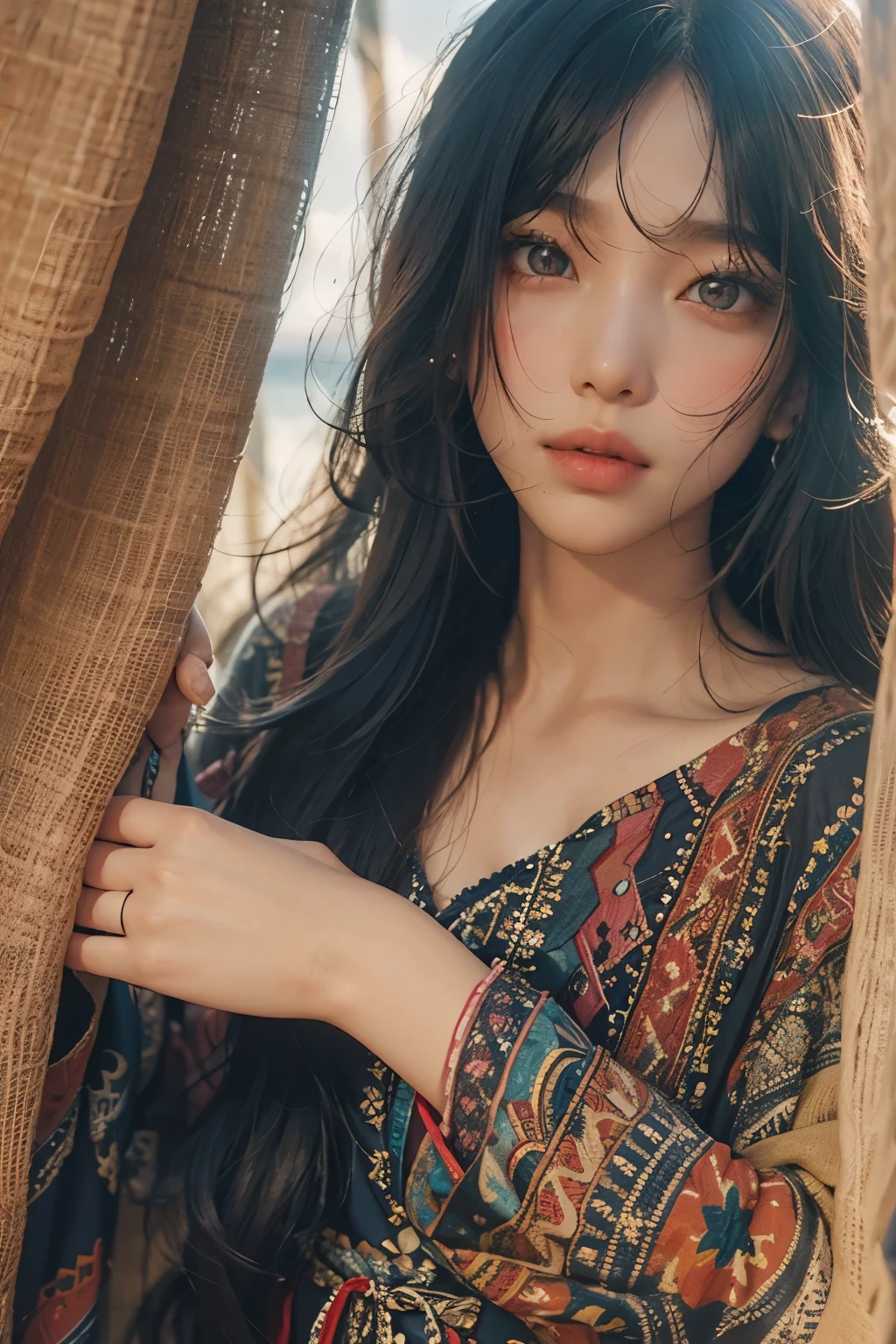 Araped woman wearing multi-colored dress with long black hair, curtain bangs, No makeup, wavy hair, Madison Beer, without makeup, 중앙에서 분리된 curtain bangs, Profile picture, Use Instagram Filters, Subtle soft and dim light, Pose looking back at the beach, perfect face, julia sardinian, perfect hands, Random Actions, coastline, clear sky, 