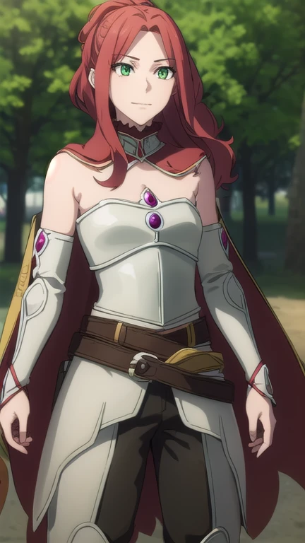 Melty Melromac, Maddie Melromark, Long hair, (Green Eyes:1.3), Red hair, (Parted bangs:1.5), Ponytail, Smile, Grin,
rest bare shoulders, belt, cape, armor, Breastplate,
rest outdoors, forest, nature, Sky, sun, cloud,
rest looking at viewer, (Cowboy shooting:1.5),
rest (masterpiece:1.2), best quality, high resolution, Unity 8K wallpaper, (illustration:0.8), (Beautiful and delicate eyes:1.6), extremely detailed face, Perfect lighting, Extremely detailed CG, (Perfect hands, Perfect anatomical structure),