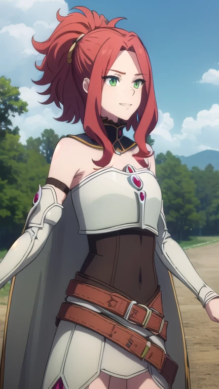 Melty Melromac, Maddie Melromark, Long hair, (Green Eyes:1.3), Red hair, (Parted bangs:1.5), Ponytail, Smile, Grin,
rest bare shoulders, belt, cape, armor, Breastplate,
rest outdoors, forest, nature, Sky, sun, cloud,
rest looking at viewer, (Cowboy shooting:1.5),
rest (masterpiece:1.2), best quality, high resolution, Unity 8K wallpaper, (illustration:0.8), (Beautiful and delicate eyes:1.6), extremely detailed face, Perfect lighting, Extremely detailed CG, (Perfect hands, Perfect anatomical structure),