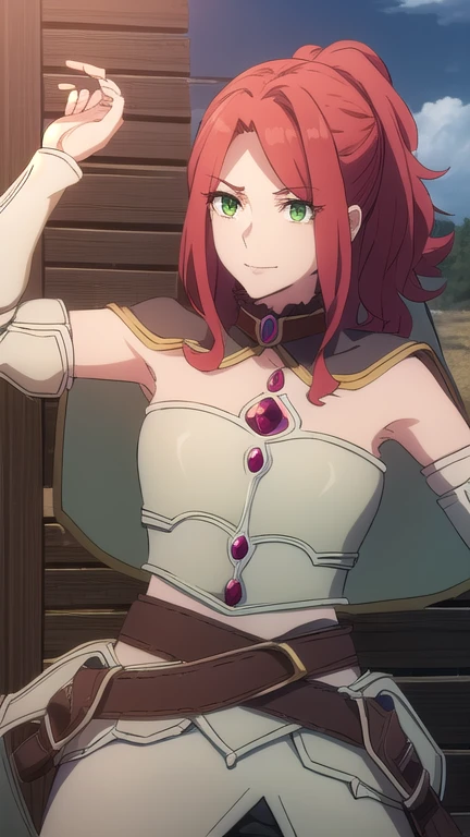 Melty Melromac, Maddie Melromark, Long hair, (Green Eyes:1.3), Red hair, (Parted bangs:1.5), Ponytail, Smile, Grin,
rest bare shoulders, belt, cape, armor, Breastplate,
rest outdoors, forest, nature, Sky, sun, cloud,
rest looking at viewer, (Cowboy shooting:1.5),
rest (masterpiece:1.2), best quality, high resolution, Unity 8K wallpaper, (illustration:0.8), (Beautiful and delicate eyes:1.6), extremely detailed face, Perfect lighting, Extremely detailed CG, (Perfect hands, Perfect anatomical structure),