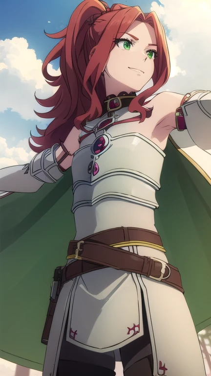 Melty Melromac, Maddie Melromark, Long hair, (Green Eyes:1.3), Red hair, (Parted bangs:1.5), Ponytail, Smile, Grin,
rest bare shoulders, belt, cape, armor, Breastplate,
rest outdoors, forest, nature, Sky, sun, cloud,
rest looking at viewer, (Cowboy shooting:1.5),
rest (masterpiece:1.2), best quality, high resolution, Unity 8K wallpaper, (illustration:0.8), (Beautiful and delicate eyes:1.6), extremely detailed face, Perfect lighting, Extremely detailed CG, (Perfect hands, Perfect anatomical structure),