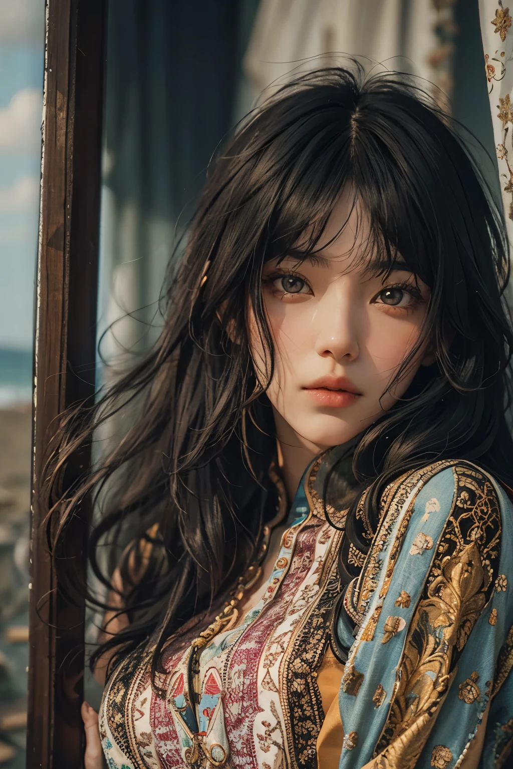 Araped woman wearing multi-colored dress with long black hair, curtain bangs, No makeup, wavy hair, Madison Beer, without makeup, 중앙에서 분리된 curtain bangs, Profile picture, Use Instagram Filters, Subtle soft and dim light, Pose looking back at the beach, perfect face, julia sardinian, perfect hands, Random Actions, coastline, clear sky, 