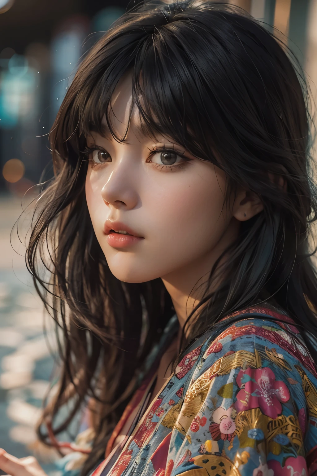 Araped woman wearing multi-colored dress with long black hair, curtain bangs, No makeup, wavy hair, Madison Beer, without makeup, 중앙에서 분리된 curtain bangs, Profile picture, Use Instagram Filters, Subtle soft and dim light, Pose looking back at the beach, perfect face, julia sardinian, perfect hands, Random Actions, coastline, clear sky,