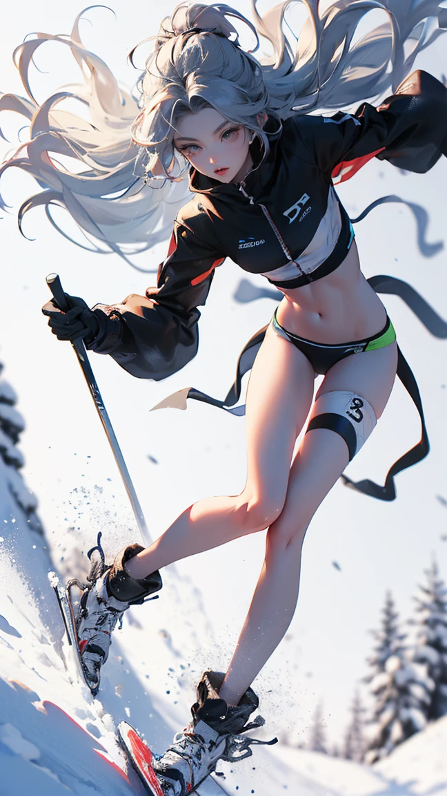 Dynamic poses, Full body image, Ultra wide angle, Girl wearing fluorescent red clothes skiing in the snow, Meticulous attention to clothing and fashion, action,_, Exposing the belly, (Slim:1.1), (Long legs:1.3), (Slim legs:1.2), Background is snow, 3D Rendering, Overclocking Renderer, 8k，swimsuit，shy