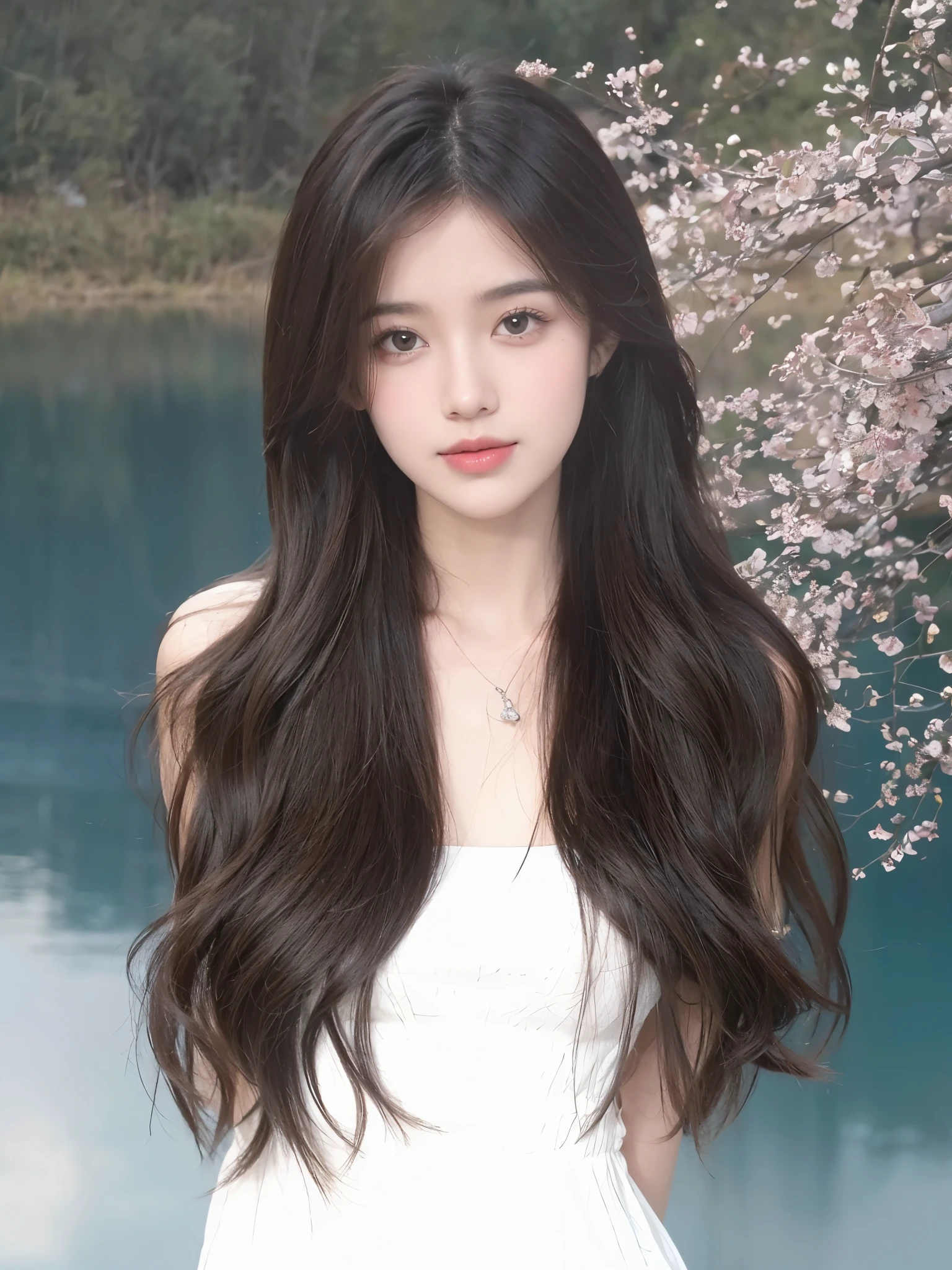 Long curly hair with bangs,Hair looks natural,Clean and beautiful background,Overall comfortable and beautiful