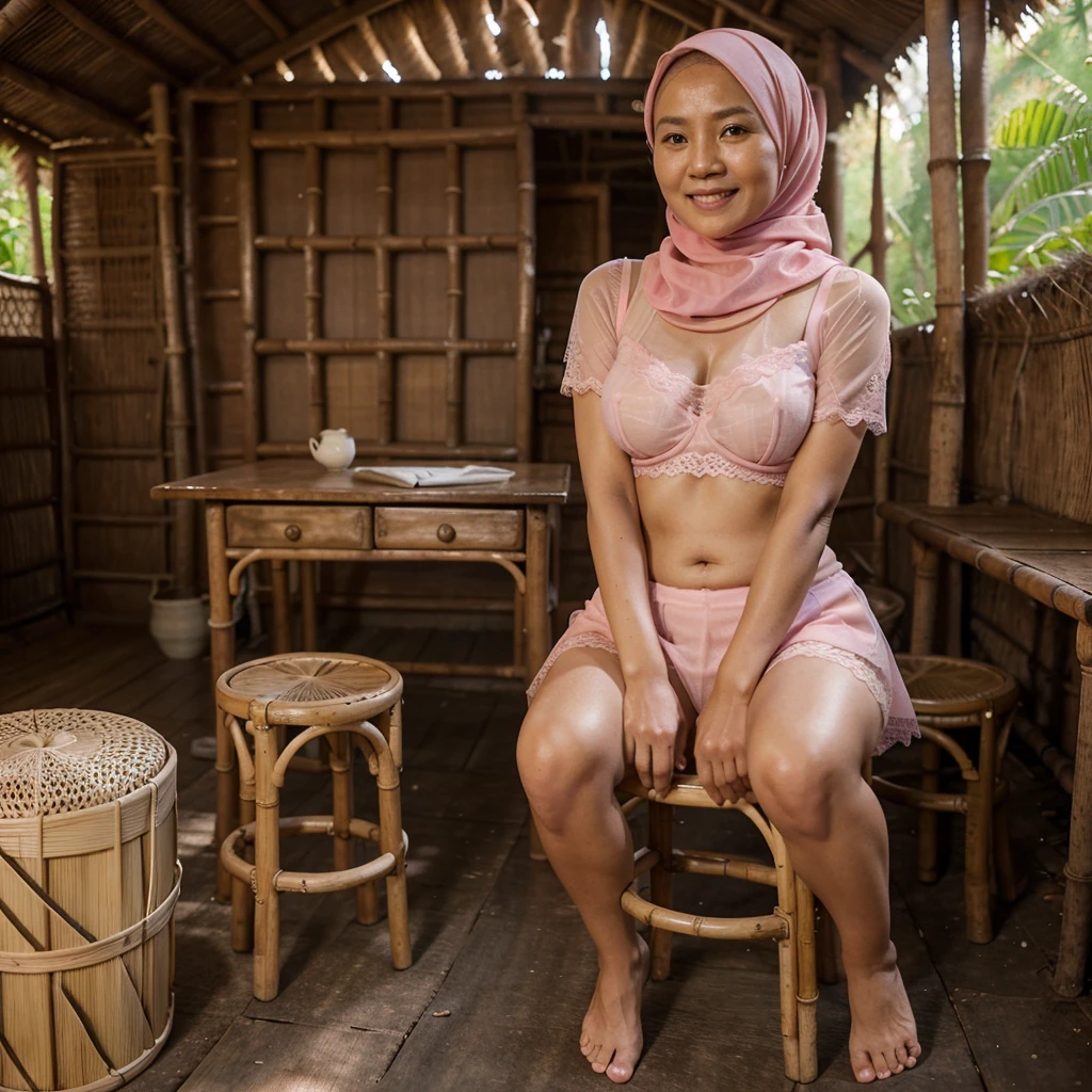 A 52 years old Indonesian woman in light pink hijab, wearing light pink bra, wearing very short see-through light pink lace skirt, white small panties, villager, poor woman, darker skin, curvier body, short body, smiling and sitting alone on a stool in an old bamboo cabin in a forest, look to the viewer with eye close, embarrassing.