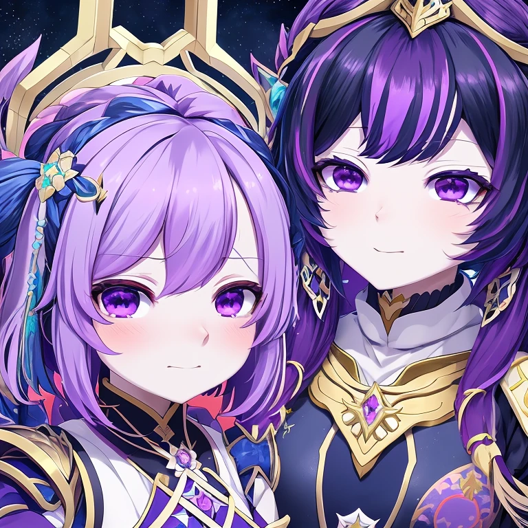 anime girl with purple hair and purple eyes in a purple outfit, ayaka genshin impact, [[[[grinning evily]]]], akasuki voidstar, onmyoji portrait, hajime yatate, anime moe artstyle, portrait knights of zodiac girl, keqing from genshin impact, ayaka game genshin impact