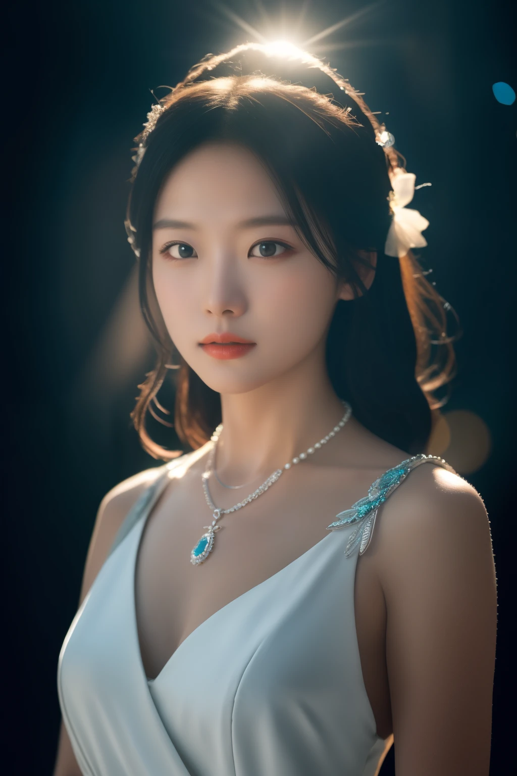 Best Quality, Masterpiece, High Resolution, 1girl, Porcelain Dress, Hair Accessories, Necklace, Jewelry, Pretty Face, On Body, Tyndall Effect, Realistic, Shadow Studio, Rim Lighting, Dual Tone Lighting, (High Detail Skins: 1.2), 8k UHD, dslr, soft light, high quality, volume light, sneak shot, photo, high resolution, 4k, 8k, background blur,