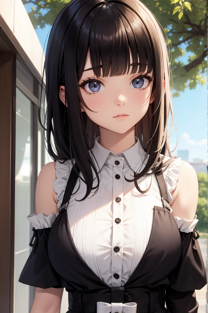 (((((???)))))、1girl、独奏、sleeveless、ssmile、The shirt、sitted、looking at the spectator、plein air、Tuck your shirt between、skirt by the、sleeveless shirts、chignon、chignon、White shirt、A dark-haired、breastsout、Black skirt、bangss、Blur the background、daytime、Collar shirt、brown-eyed、Blurring、Benches、Exposed shoulders, (Dynamic Pose, Very detailed and beautiful girl, intricate-detail, Beautiful detailed girl, Game CG, Highly detailed body, delicate and intricate hair, realistic and detailed face, Highly detailed eyes and face, Intricate details are beautiful and delicate eyes, Delicate arm and hands, Human Hands, Real skin texture, Exquisite fabric, plein air, Indoor , beautiful and clear background, absurdity, High-precision details, Highly detailed CG Unity 8K, Ultra-detailed)