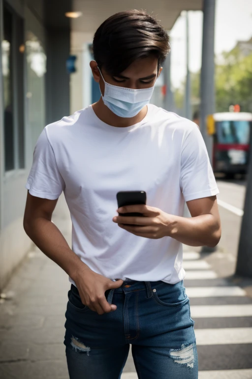((Masterpiece)), ((best quality:1.2)), high resolution, 8k, (special_realistic:1.3), (photorealistic:1.4), Sharp focus, Highly detailed, (Masterpiece), skinny young man, Thai man, 25 years old, normal, (White Shirt:1.2), (mask:1.3), Tight jeans.,(electric train background), Put on a cap, (Looking down and playing on the phone), black eyes, thin, short brown hair, Full body, soft light, Headlight, Rim lights, information