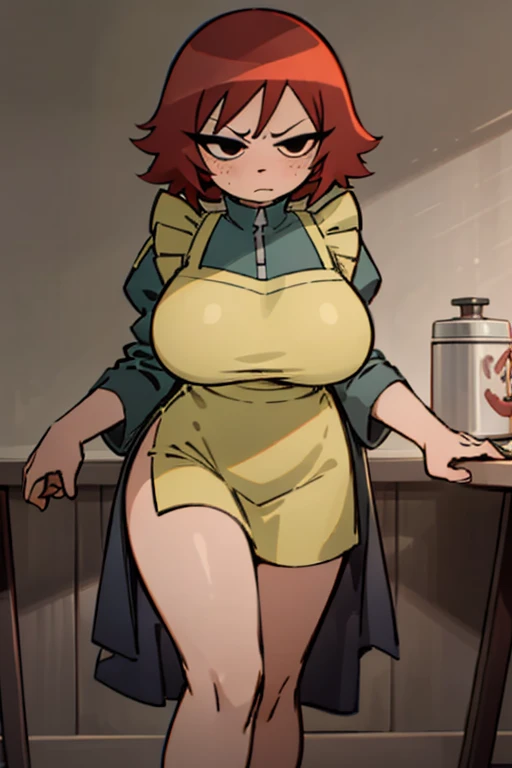 Who is new, indoors, Looking at the audience, 1 Girl, Solitary, angry, blush, Wide hips, Willow Waist, freckle, Red hair, black eyes:1.4, short hair, Curvy beauty:1.4, BREAKMaid costume, apron, High Leg Raise, Thighs squeeze huge breasts