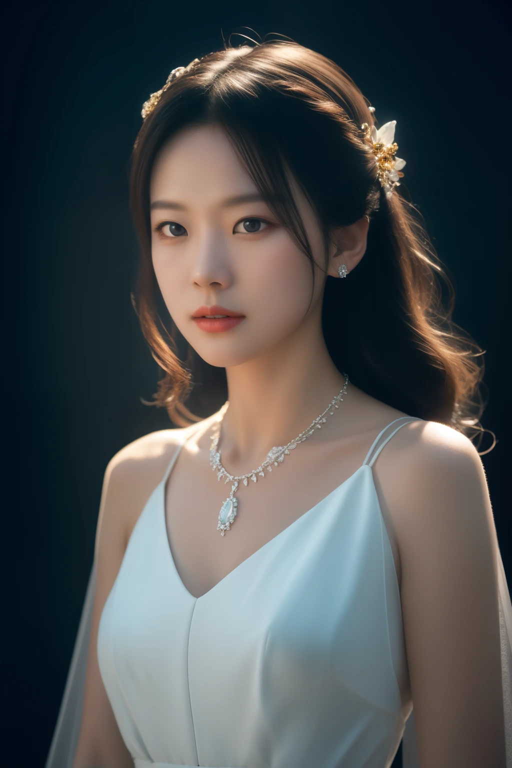 Best Quality, Masterpiece, High Resolution, 1girl, Porcelain Dress, Hair Accessories, Necklace, Jewelry, Pretty Face, On Body, Tyndall Effect, Realistic, Shadow Studio, Rim Lighting, Dual Tone Lighting, (High Detail Skins: 1.2), 8k UHD, dslr, soft light, high quality, volume light, sneak shot, photo, high resolution, 4k, 8k, background blur,