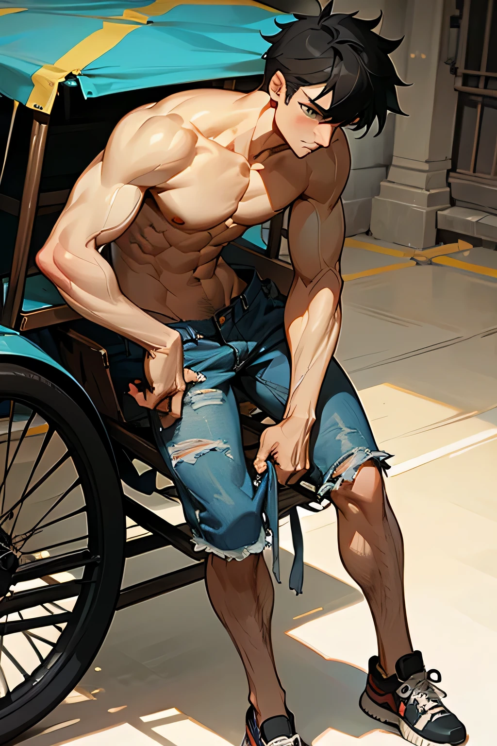 shirtless handsome manly short black hair caucasian male in tattered short jeans and sneakers, shirtless, pulling the rickshaw