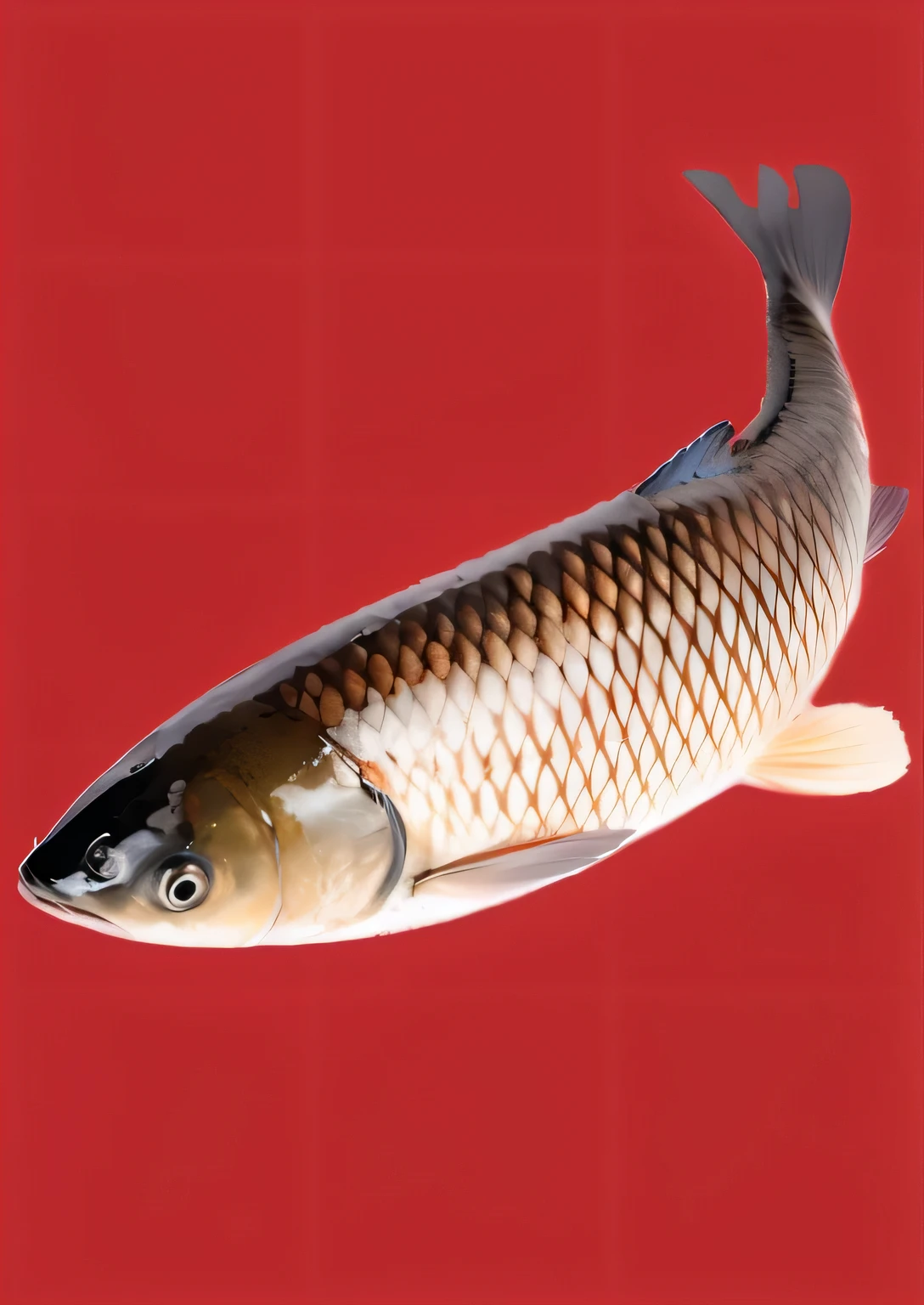 there is a fish that is floating on a red surface, ancient fish, fish, fish swimming, half fish, small mouth, fish scales, dead fish, diego koi, fishes, scary fish, fish skin, crap fish, ( ultra realistic ), sardine in a can, realistic depiction, fishbones, koi fish, koi, fish flying over head, ( ultra realistic