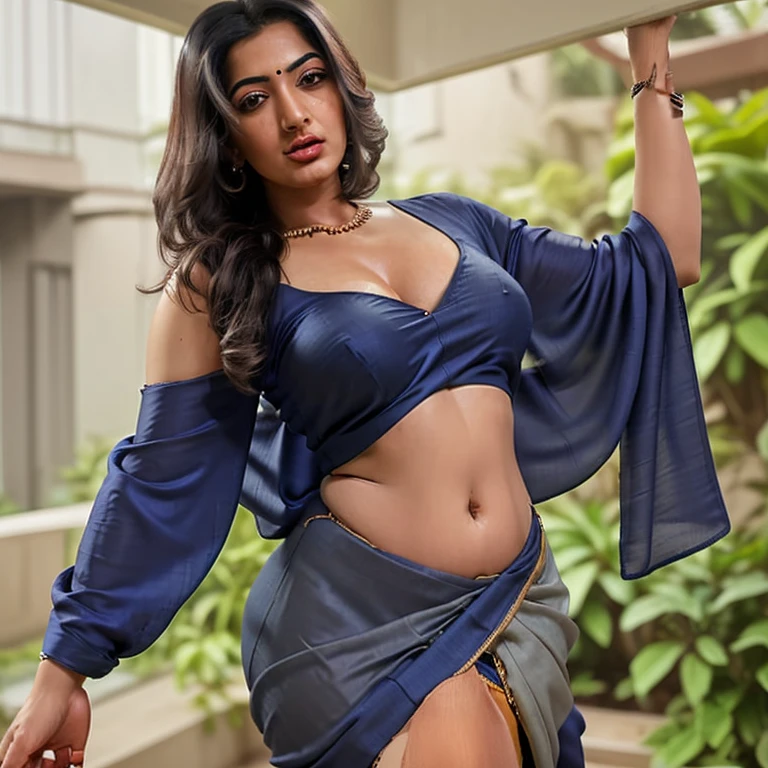 Make it real, realistic, savita bhabhi, deep navel, deep cleavage, curvy body, black blouse, blue sari,