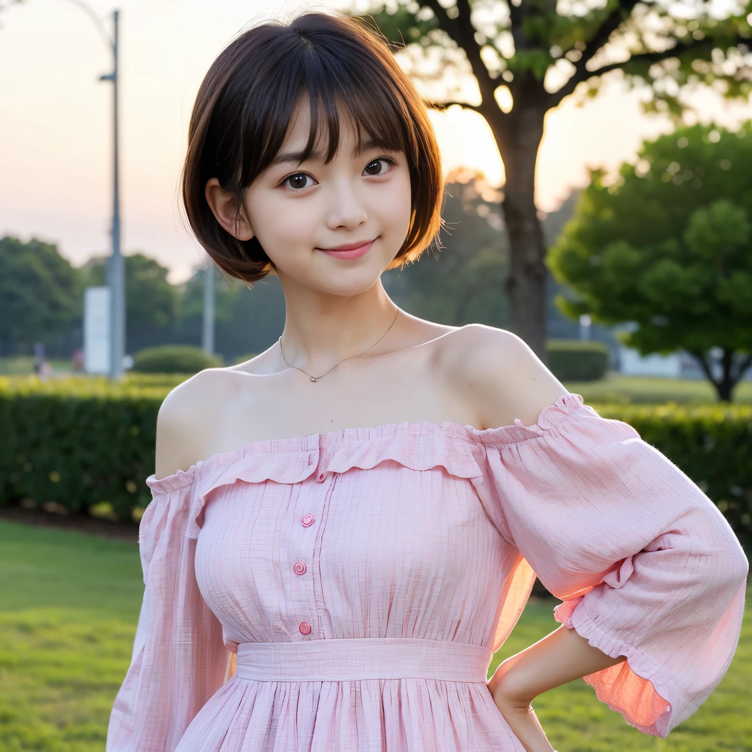 Best-quality, Masterpiece, Ultra-High-Resolution, (Photorealistic:1.4), Raw-Photo, cowboy-shot, leaning forward, upturned ass, 1girl, 15-years-old, the most famous Japanese-idol, wearing light-pink casual-dress with cute patterned and long-sleeves, (extremely cute face like the most popular Japanese idol, ((extremely cute big-eyes)), extremely cute very-short-cut-haired, extremely beautiful skins), extremely beautiful skinny-body, innocent-smile