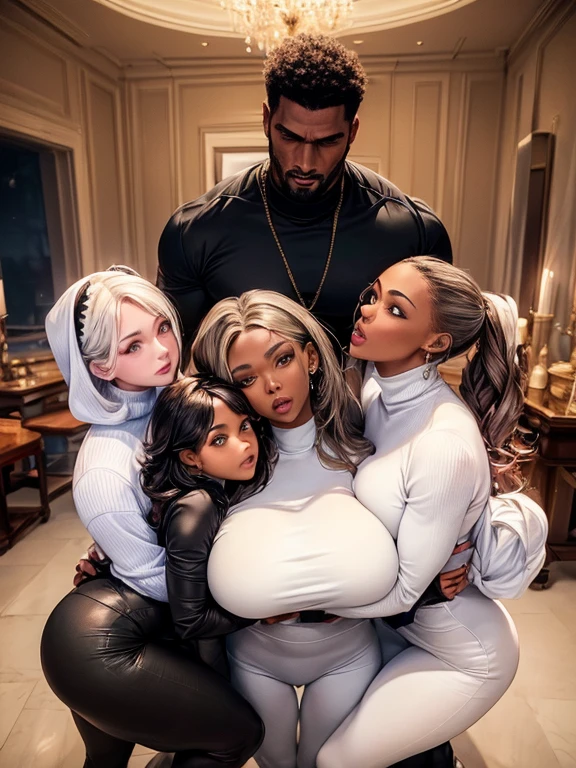 (Best Quality,Unparalleled Masterpiece:1.4) one tall muscular black man, four women with beautiful highly detailed faces are wearing white turtleneck-shirts and white yoga-pants (the four women express desire) (the four women surround and worship a single tall muscular black man, the beautiful women are touching him and snuggling the tall muscular black man,  perfectly detailed face, anatomically perfect nose, anatomically perfect eyes, anatomically perfect hands. IF ONE PERSON IN THE PICTURE IS A MAN THEN THE REST MUST BE WOMEN, IF THERE IS ONE MAN THEREFORE THE NEXT PERSON MUST BE A WOMAN, no crosseye, no same two pose are the same