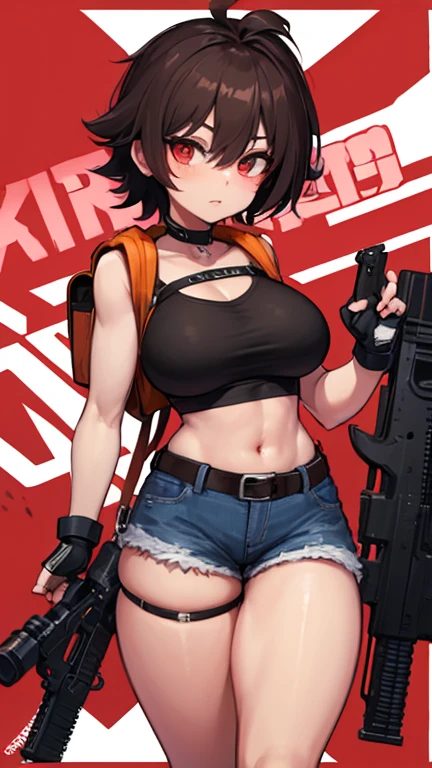 solo japanes thick figure thick thighs ultra breast size ultra hip size tan skin girl short dark brown messy hair wear fingerless gloves wear short crop top hoodie wear short crop jean ripped wear holster holding a gun on hand