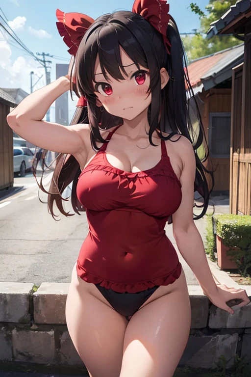 Reimu Panties visible Huge Breasts visible, troubled face Wearing a swimsuit Boobs visible size 25 Panties red or black Masterpiece Armpits visible Peeing