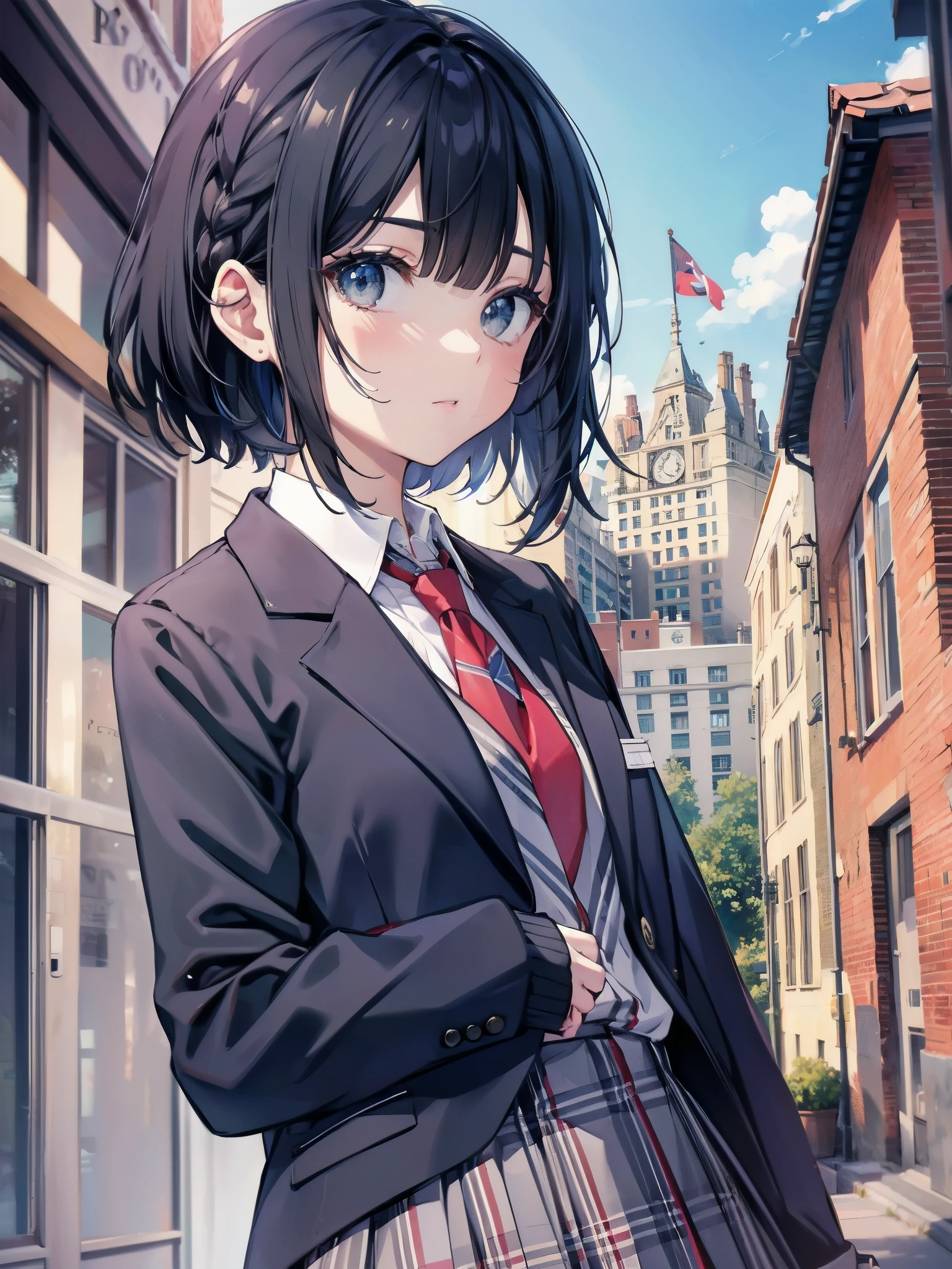 Top-High quality、Highest quality、masterpiece、High Contrast、Colorful、Elegance、Sexy expression、high school girl、Beauty、Bob cut braids、uniform、(red blazer)、Ribbon tie、(Green and gray plaid skirt)、(black tightovie-like shadows、fine shading、cute、Truly unbelievably cute absurd、outside、School trip、national treasures、Traditional buildings、blue sky
