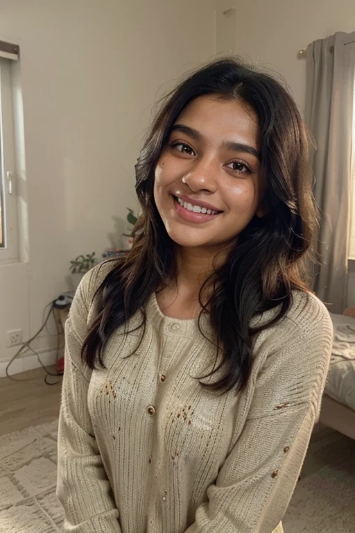 A beautiful Pakistani girl with thick black hair and bright skin, brown eyes and light freckles on cheeks, morning selfie, wearing winter sweater, simple room view in background, no blur, girl far from camera, mobile clicked selfie, ((laughing)), natural morning daylight, ((sharped background)) vibrant colors.