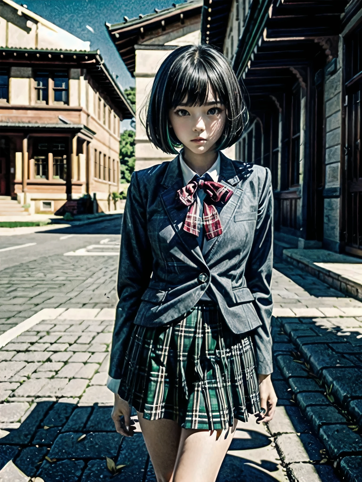 Top-High quality、Highest quality、masterpiece、High Contrast、Colorful、Elegance、 expression、high school girl、Beauty、Bob cut braids、uniform、(red blazer)、Ribbon tie、(Green and gray plaid skirt)、(black tightovie-like shadows、fine shading、cute、Truly unbelievably cute absurd、outside、School trip、national treasures、Traditional buildings、blue sky