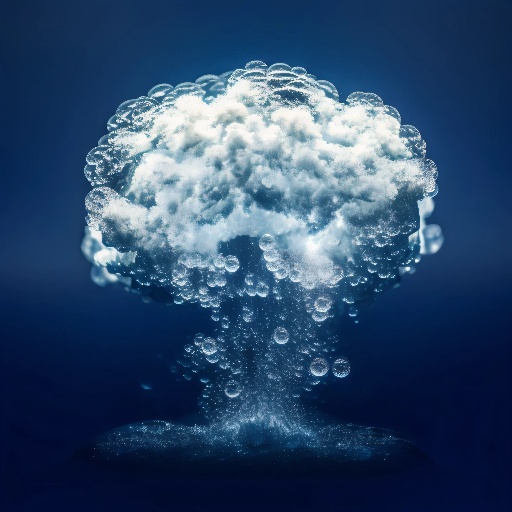 Clean bubbles form in the shape of a nuclear cloud with a lot of bubbles around it，Underwater background，A large number of bubbles exploded，Lots of tiny irregular bubbles， (realism:1.5), original photo, Deep shadows, Cold Light，Details，best quality, masterpiece, Ultra-high resolution,Blue tint，Uniform hue