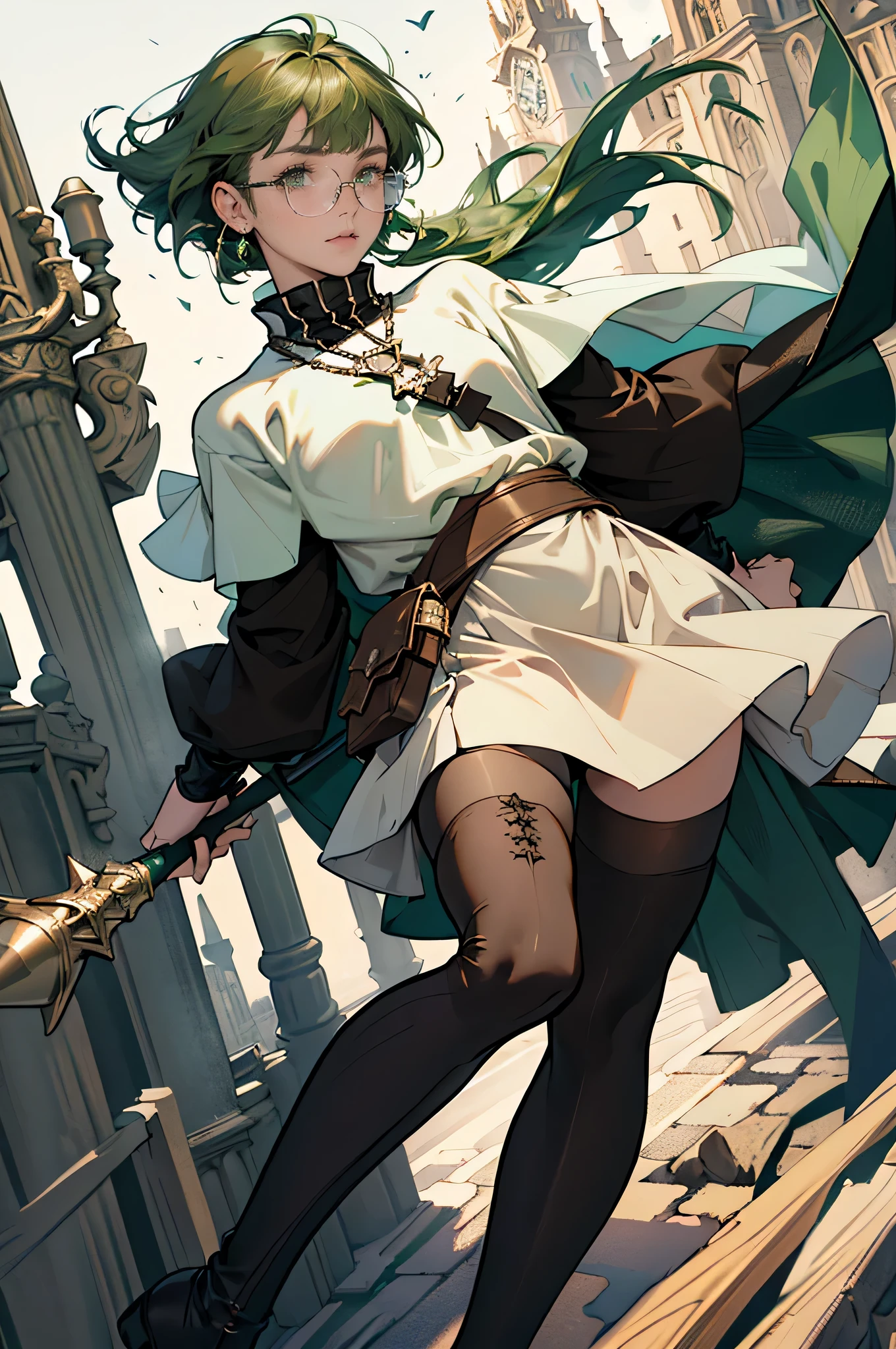 masterpiece, ultra detailed, 8k portrait, RAW photo, portrait photography, highly detailed face, beautiful and meticulous eyes, ((Fantasy)), Young beautiful, 15 years old, girl, dynamic pose, (((short deep green bobbed hair))), blunt bangs, White skin color, glasses, Luxury, (((tunic and short skirt))), (((brown cape))), (((little waist hip pouch))), (((dark thigh high tights))), high cut leather boots, ((holding long magical staff)), Midday Sun, hyper realistic, slender body, flat chest, Long legs, on the medieval road, Ambient lighting, Shadow details , Camera focus on face, strong breeze, Light fog