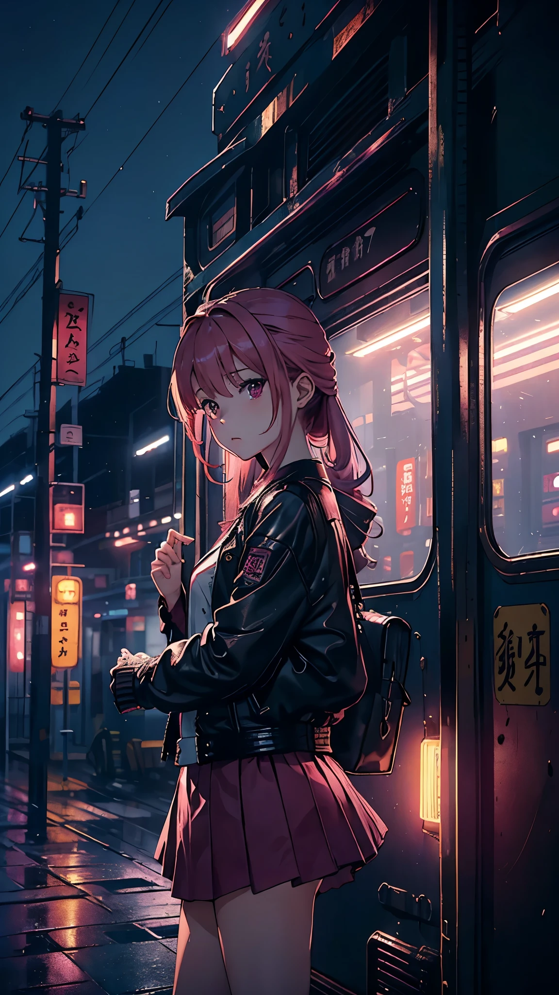Magenta tint、Bright colors、((masterpiece)))、(((quality)))、((Ultra Detailed))、(Surreal)、(Highly detailed CG illustrations)、official art、CD cover、This will be、midsummer、The glorious 1960s、1 girl,Cruel beauty、Gorgeous Cochetti、gorgeous、hair color、rock music、leather jacket、miniskirt、Perfect angle、Perfect composition、(night,train站,train,Yunxia),