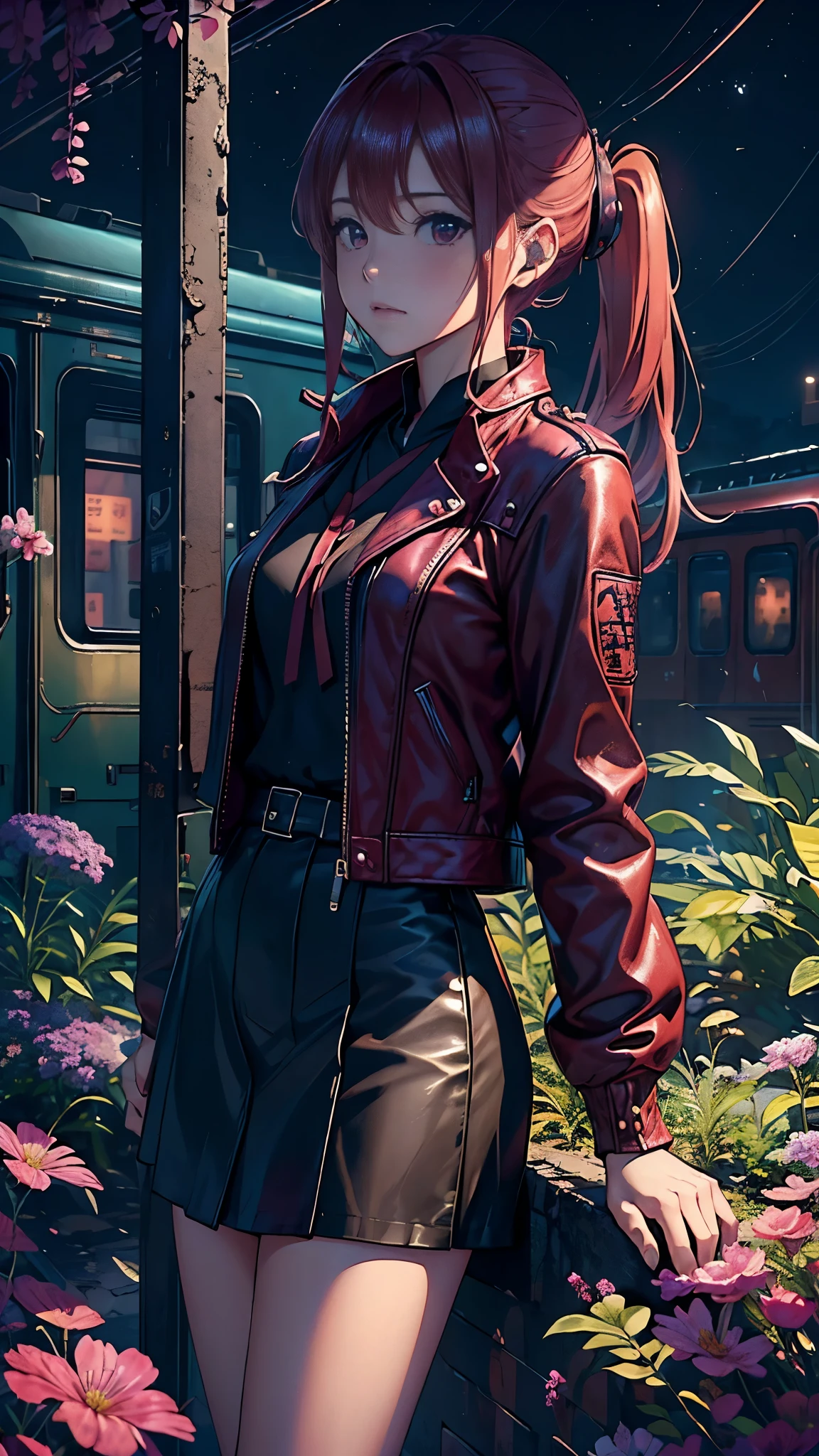 Magenta tint、Bright colors、((masterpiece)))、(((quality)))、((Ultra Detailed))、(Surreal)、(Highly detailed CG illustrations)、official art、CD cover、This will be、midsummer、The glorious 1960s、1 girl,Cruel beauty、Gorgeous Cochetti、gorgeous、hair color、rock music、leather jacket、miniskirt、Perfect angle、Perfect composition、(night,train站,train,Yunxia),