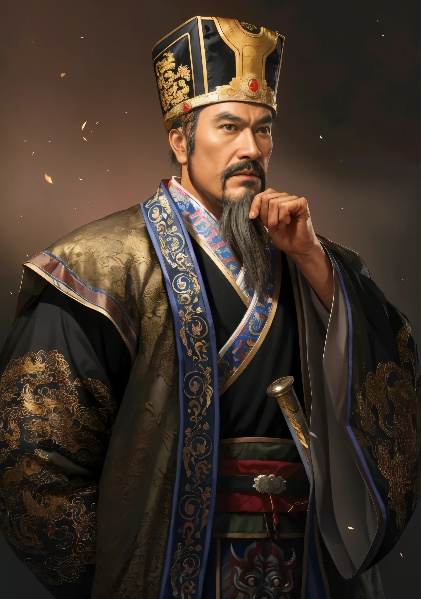 Wearing Chinese clothing、Aravud image of a man holding a sword, from three kingdoms, inspired by Cao Zhibai, China Three Kingdoms, dragon, Inspired by Emperor Xuande, liang xing, Inspired by Dong Yuan, portrait of the emperor of mankind, Inspired by Wu Bin, yang qi, Inspired by Li Kan, Inspired by Zhang Lu