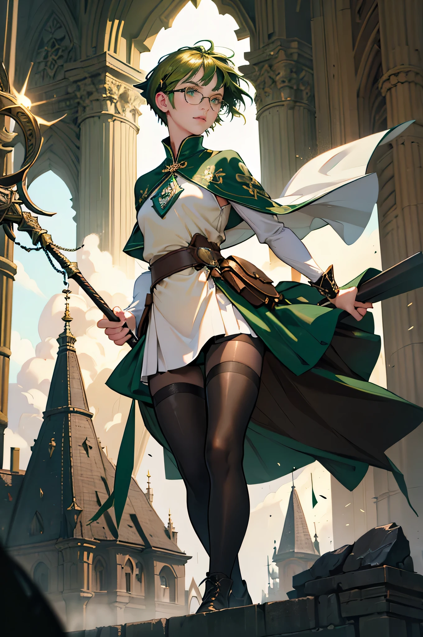 masterpiece, ultra detailed, 8k portrait, RAW photo, portrait photography, highly detailed face, beautiful and meticulous eyes, ((Fantasy)), Young beautiful, 15 years old, girl, dynamic pose, (((short deep green bobbed hair))), blunt bangs, White skin color, glasses, Luxury, (((tunic and short skirt))), (((brown cape))), (((little waist hip pouch))), (((dark thigh high tights))), high cut leather boots, ((holding long magical staff)), Midday Sun, hyper realistic, slender body, flat chest, Long legs, on the medieval road, Ambient lighting, Shadow details , Camera focus on face, strong breeze, Light fog