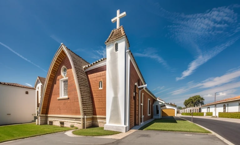 , The (Church) is made from white walls and some walls are painted bright blue)), beautyful light, beautyfulday, sunny, Many grass bougainvilleas along the road:1.3, lovely youthful feeling :1.2, sunlight at 12 noon, Very beautiful shadows