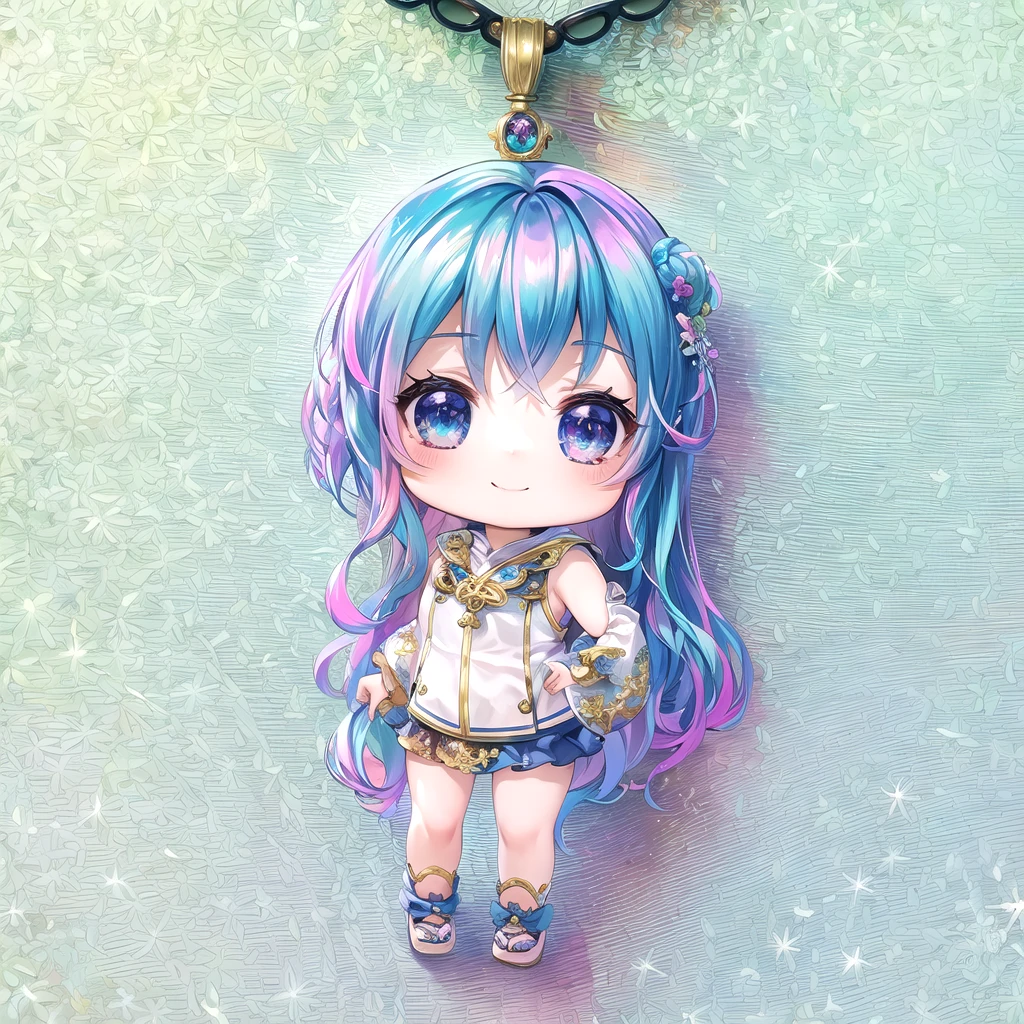 (Chibi:1.5)((masutepiece, of the highest quality, Watercolor art (Pendants), Beautiful and aesthetic: 1.2)), (Golden ratio: 1.2), (Full body: 1.2), (Super Detail: 1.3), (1 girl in: 1.3), (Fractal Art: 1.3), (Glitter Pupil)),(eye glass:1.5) ,(Iridescent hair, Colorful hair, Half light blue and half pink hair: 1.2)),  (Heterochromia), (Colorful: 1.5), (((Shy face)),  (full body Esbian), (Hyper-detailing), ((delicate detail)), (intricate-detail), ((Cinematic Light, Highest quality backlight)), High contrast, ((The best lighting, Very delicate and beautiful)), (( Cinematic Light)), (ray trace reflection, Glow), (((glowing aura)), ((Glowing hair)), ((Super Detail)), (8K)), ((a closeup)),  ((Seductive smile)) ,((FULL BODYSHOT))、(Chibi:1.5)