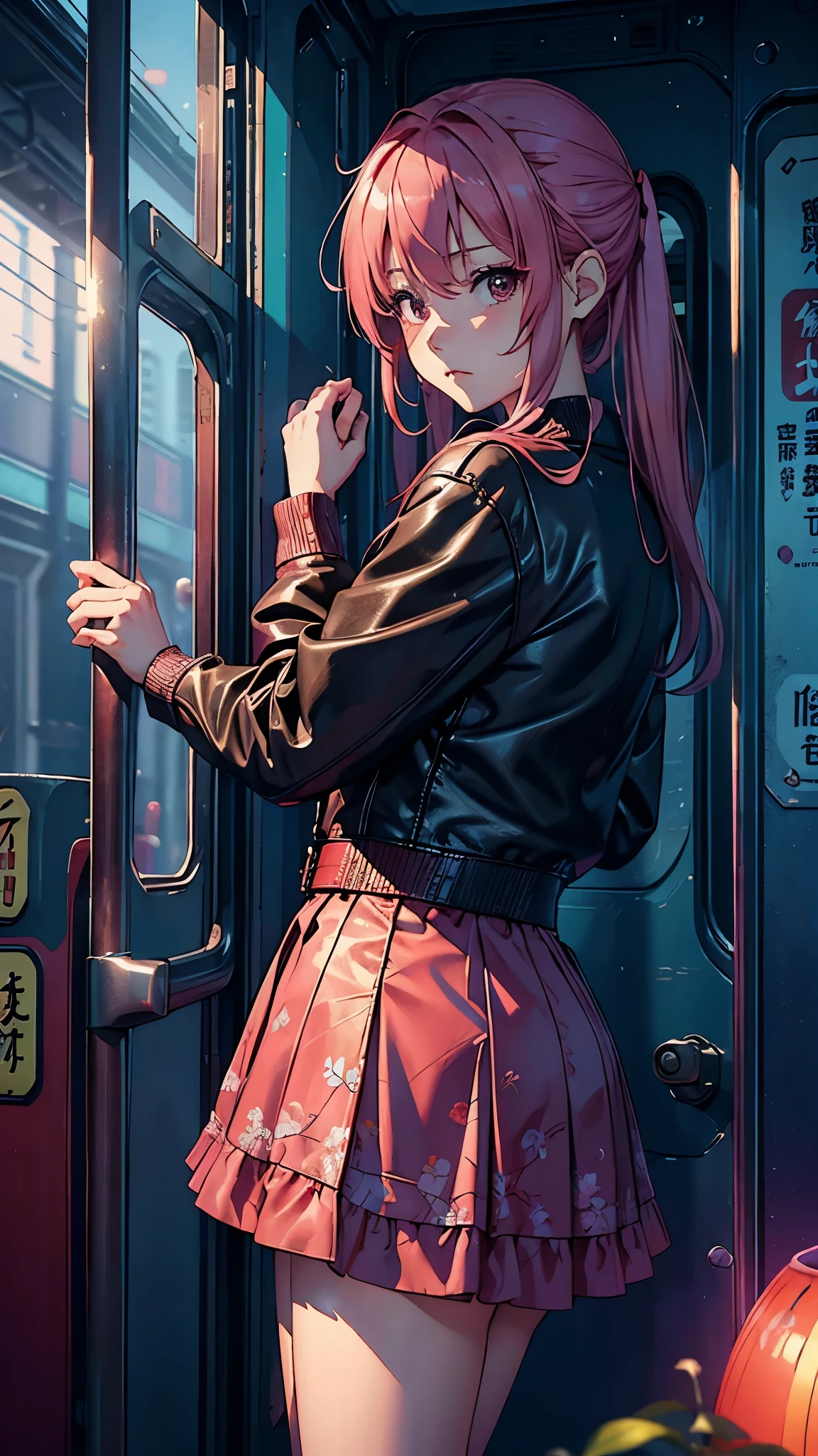 Magenta tint、Bright colors、((masterpiece)))、(((quality)))、((Ultra Detailed))、(Surreal)、(Highly detailed CG illustrations）、official art、CD cover、This will be、midsummer、The glorious 1960s、1 girl，Cruel beauty、Gorgeous Cochetti、gorgeous、hair color、rock music、leather jacket、miniskirt、Perfect angle、Perfect composition、(night，train站，train，Yunxia)，