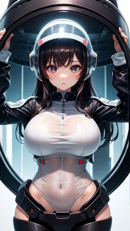 Girl、Big Breasts、Very large breasts、Simple design two-piece SF suit(two-piece、Glossy Material、Transparent material、Tube top)、Transparent helmet、Knife User、whole body