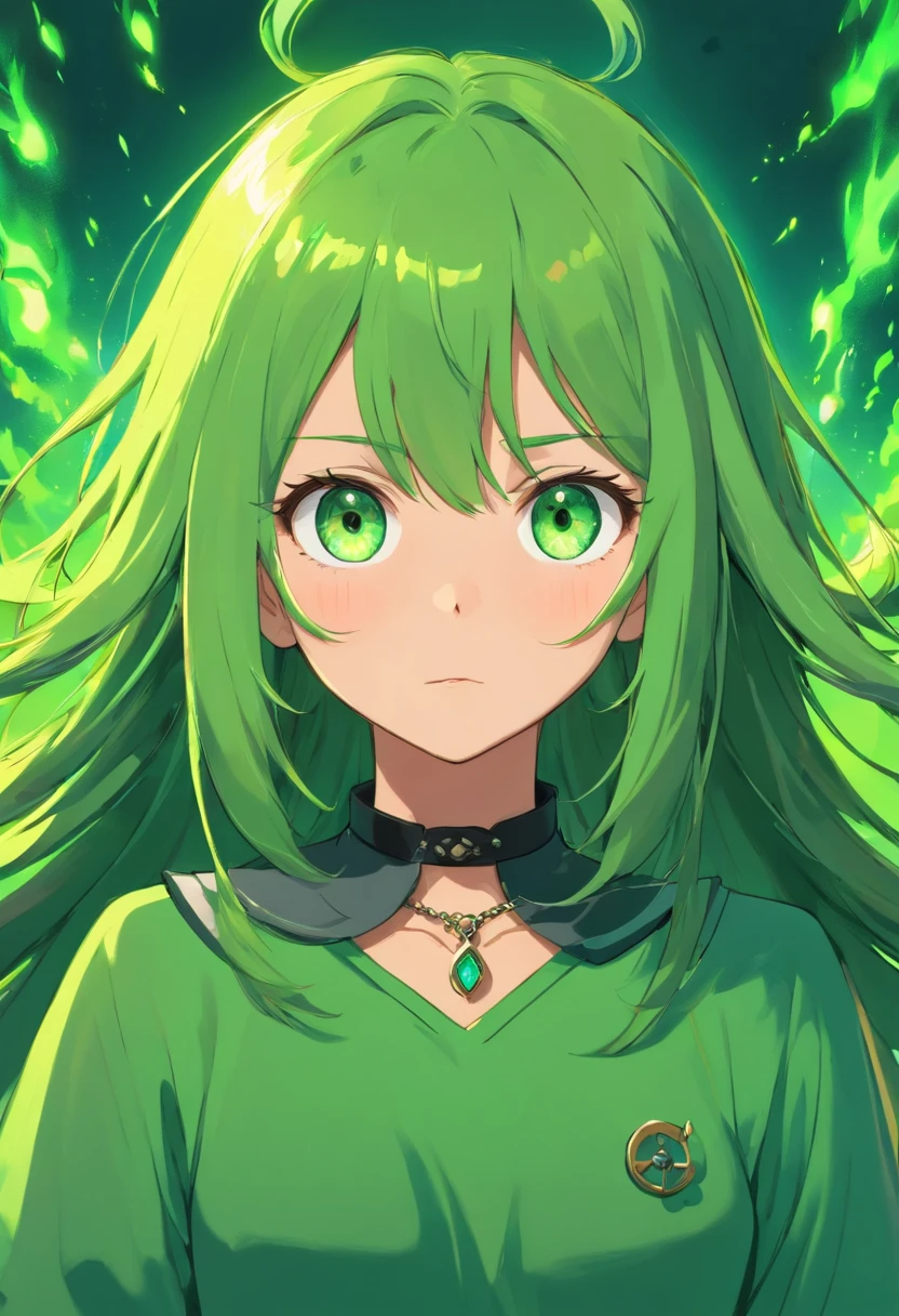 una chica con un collar de animeChica de pelo negro y con las puntas del cabello color blanco, ojo derecho verde, ojos izquierdo plomo, con una exprecion de odio y tristeza, fondo de fuego