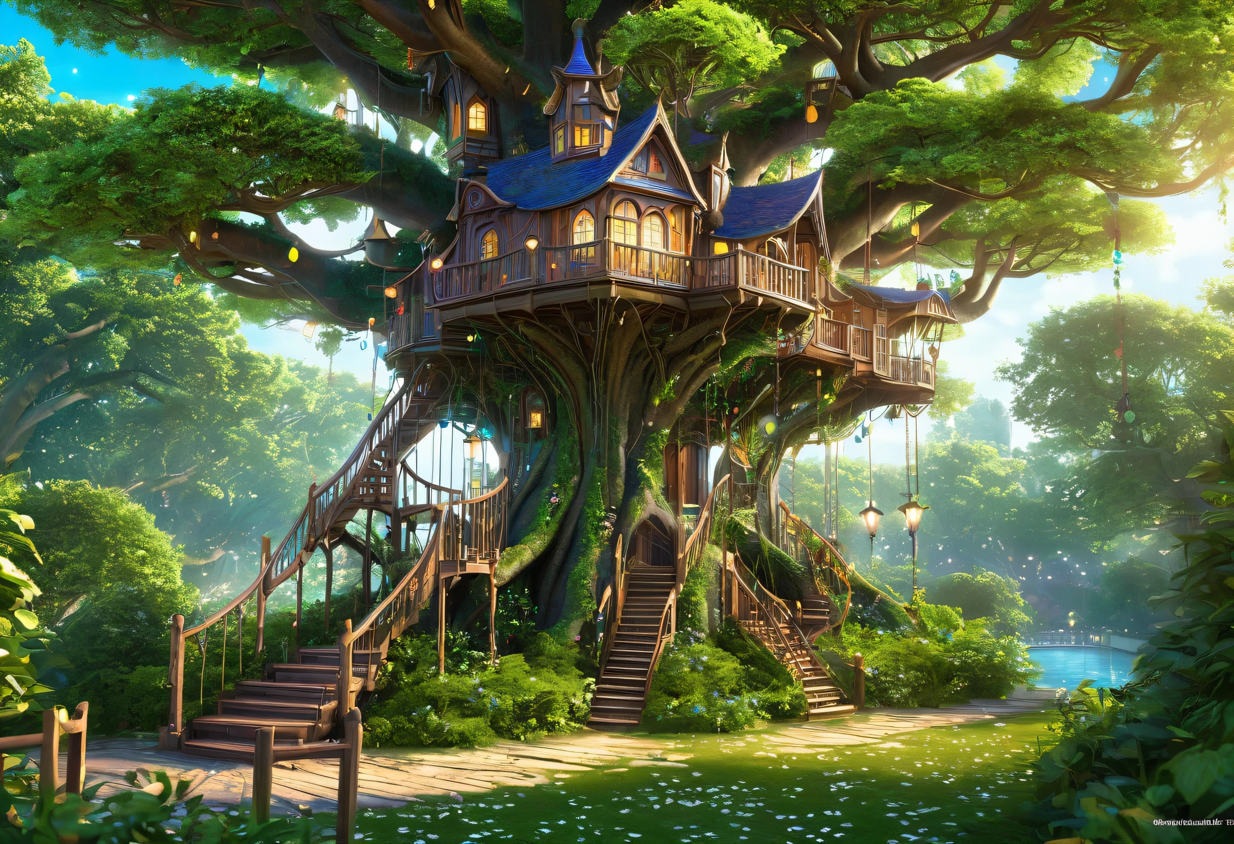 There is a tree house with lots of lights, enchanted magical fantasy forest, Magic fantasy highly detailed, magical fantasy forest, Magic Background, Magic fairy background, Magic Tree, Magical Environment, Detailed fantasy digital art, fantasy tree, Enchanted and magical forest, Magical forest background, Fairey Palace, magic fairy forest, So magical and dreamy