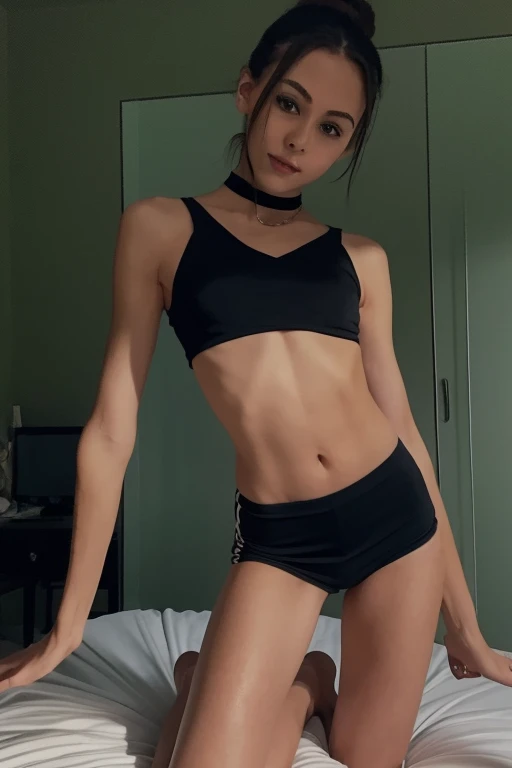 korean girl with a 12 year old body, pale_skin, random color hair, neon-green-sport-bra, high waist, camel toe, portrait, night, squatting against futuristic tower, hard lighting, neon light, cam from below, boy like body, boyish body, flat chested, skinny, body of a 12 year old, body of a 12 year old, body of a 12 year old, body of a 12 year old, body of a 12 year old, petite body, boy like body, petite body, boy like body, petite body, boy like body,  body, boy like body,  body, boy like body