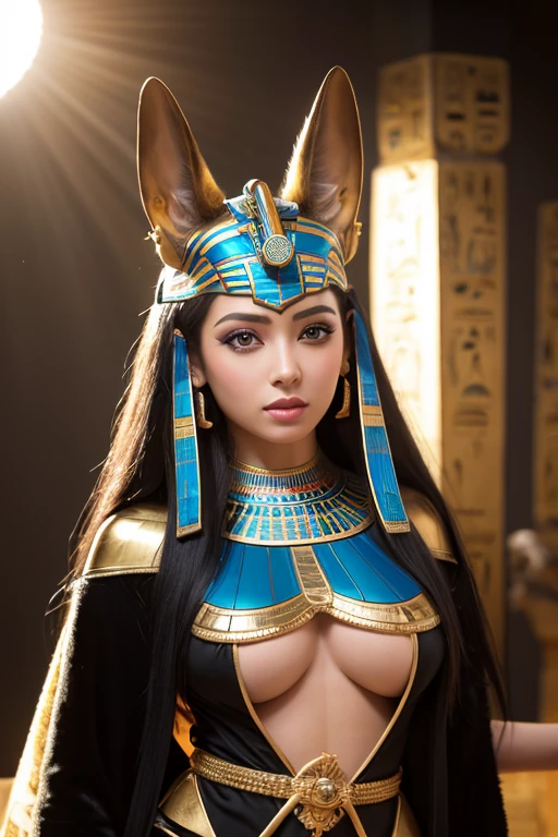 8k,(Egyptian God),Mature female personification of Anubis,Ultra-high resolution,Ultra-realistic,wilderness,What's left behind, Rich colors, Backlight, Cinema Lighting, Film Grain, born, 50mm lens,Nikon D850,Colorful black anubis mask, Full body portrait, Taken at the best angle, Even big breasts, Ancient Egyptian costumes