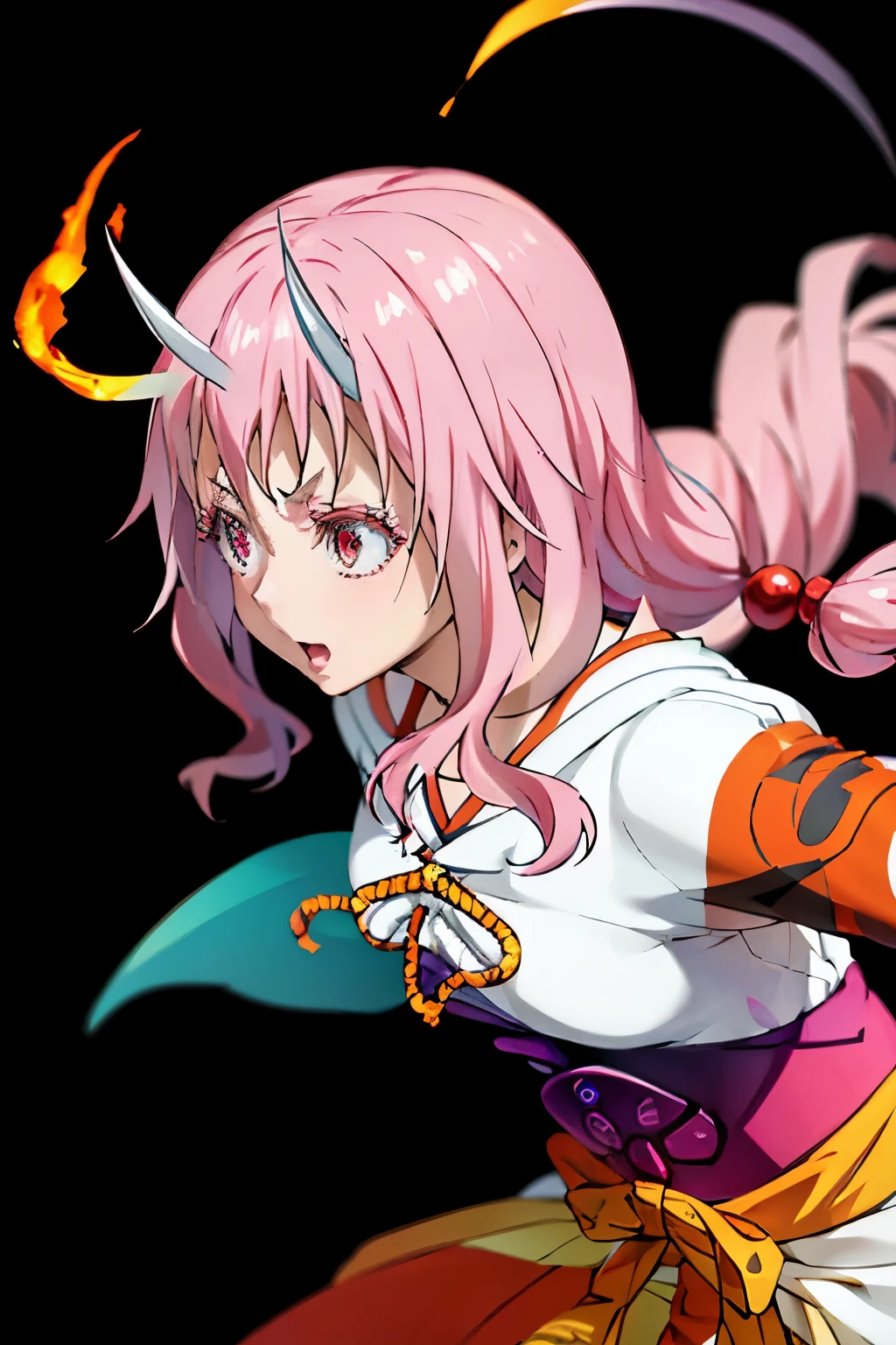 (best quality,highres:1.2), detailed fantasy art, serious expression, robot-like eyes, fighting stance, shuna de tensei shitara slime datta ken, el cabello es rosa, los ojos son de robot, detailed fantasy art, postura de lucha, cuerpo completo, magical circles, It&#39;s night and there is black lightning in the sky, shuna tiene un aura de dios, lleva puesto un kimono