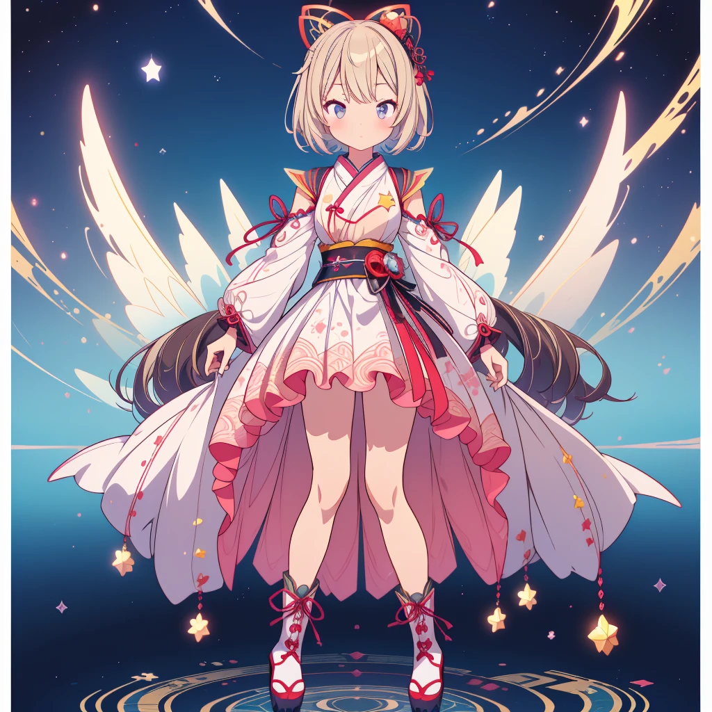 1girl、vtuber-fullbody、Star Fairy、Masterpiece、Official Art、Super detailed、super beautiful、かわいいStar Fairy、white straight short hair、Milky Way、universe、star charm、Star、、Knee-high boots、Japanese pattern dress、着物をリメイクしたOiranフリルゴスロリ、universeを思わせるOiranフリルドレス、Oiran