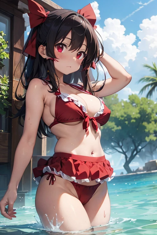 Reimu Panties visible Huge breasts Breasts visible, troubled face Wearing a swimsuit visible Breast size is 25 Panties are red or black Masterpiece Armpits visible Water coming out