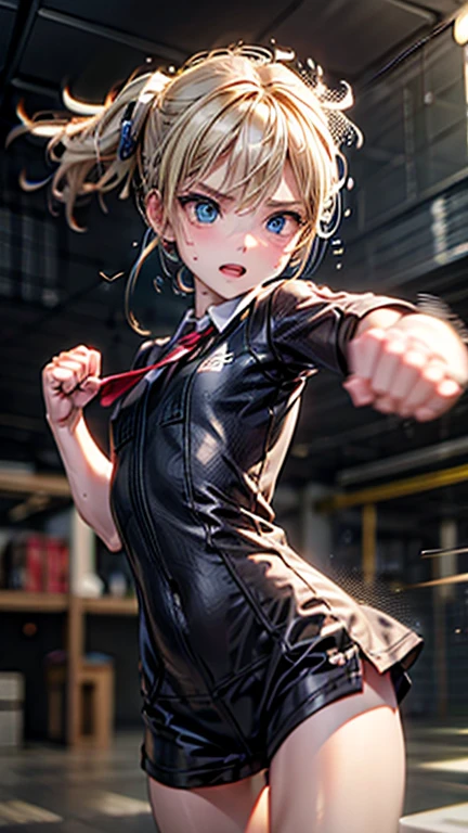 #quality(8k wallpaper of extremely detailed CG unit, ​masterpiece, hight resolution, top-quality, top-quality real texture skin,hyper realisitic, digitial painting,increase the resolution,RAW photosbest qualtiy,highly detailed,the wallpaper),solo,a jk girl is punching you by bare fist very hard,#1girl(cute, kawaii,small kid,hair floating,messy hair,blonde hair,long hair,messy hair,pony tail hair,skin color white,eye color blue,eyes shining,big eyes,breast,angry,punching you by her fist,dynamic pose,dynamic angle,sweat), BREAK ,#fist(motion blur on fist:2.0),#background(school,),(when drawing the hand please draw them very correctly for sure),[nsfw]