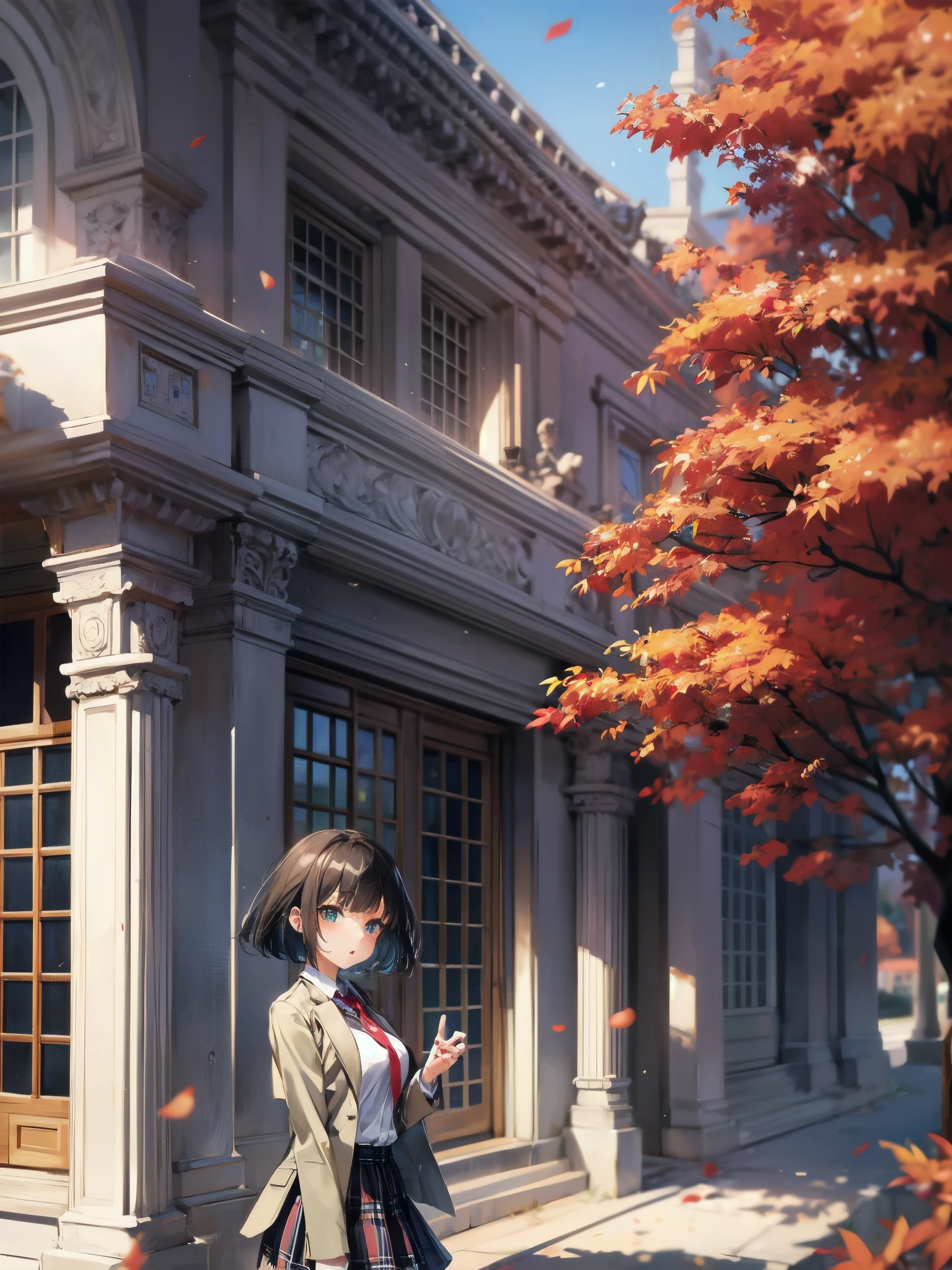 Top-High quality、Highest quality、masterpiece、High Contrast、Colorful、Elegance、Sexy expression、high school girl、Beauty、Bob cut braids、uniform、(red blazer)、Ribbon tie、(Green and gray plaid skirt)、(black tightovie-like shadows、fine shading、cute、Truly unbelievably cute absurd、outside、School trip、national treasures、Traditional buildings、blue sky
