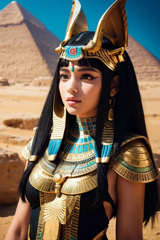 8k,(Egyptian God), Beautiful simple 25 year old female Anubis personification,Ultra-high resolution,Ultra-realistic,wilderness,What&#39;s left behind, Rich colors, Backlight, Cinema Lighting, Film Grain, born, 50mm lens,Nikon　D850,Colorful black anubis mask, Full body portrait, Taken at the best angle, Even big breasts, Ancient Egyptian costumes