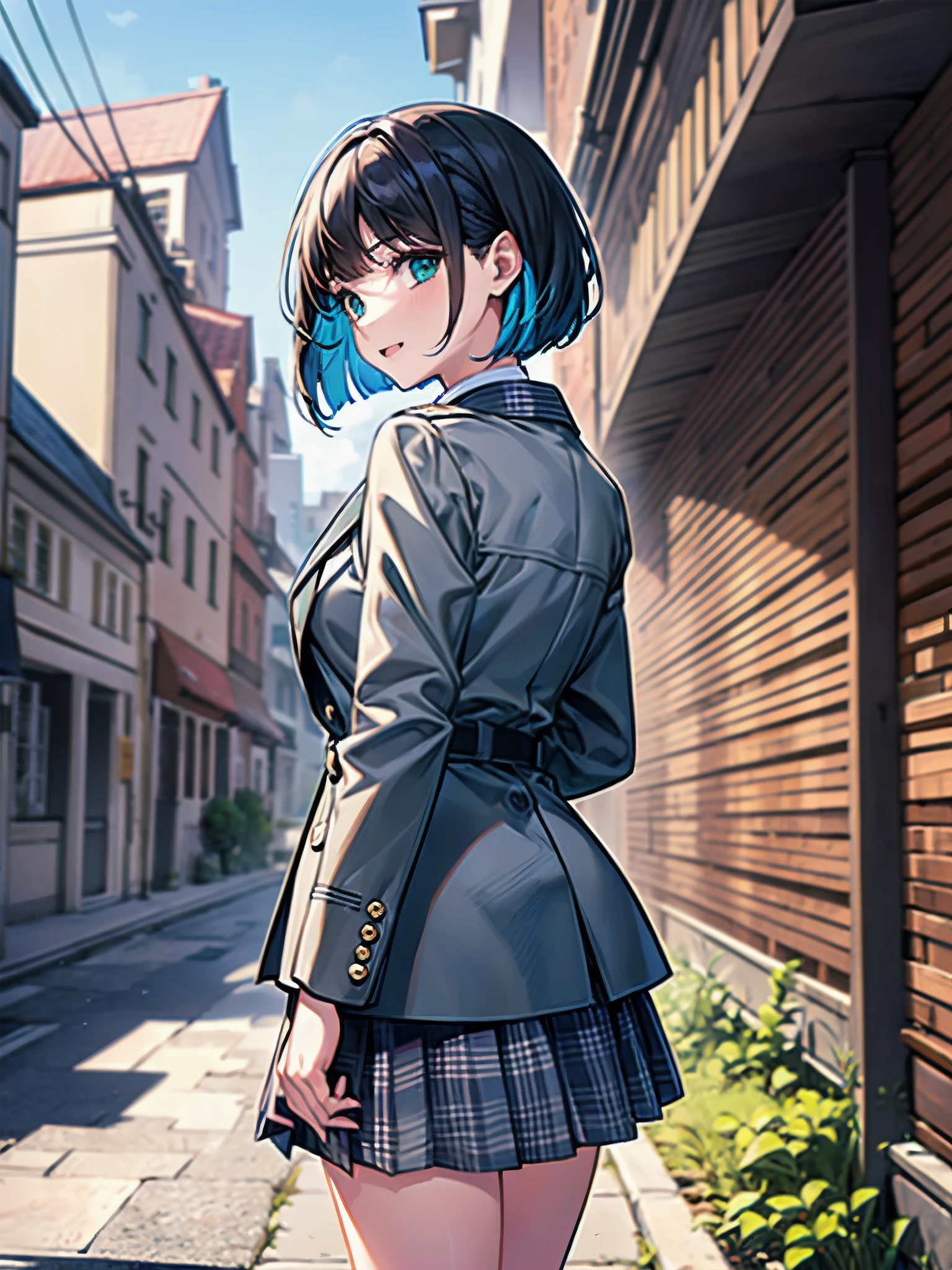 Top-High quality、Highest quality、masterpiece、High Contrast、Colorful、Elegance、Sexy expression、high school girl、Beauty、Bob cut braids、uniform、(red blazer)、Ribbon tie、(Green and gray plaid skirt)、(black tightovie-like shadows、fine shading、cute、Truly unbelievably cute absurd、outside、School trip、national treasures、Traditional buildings、blue sky
