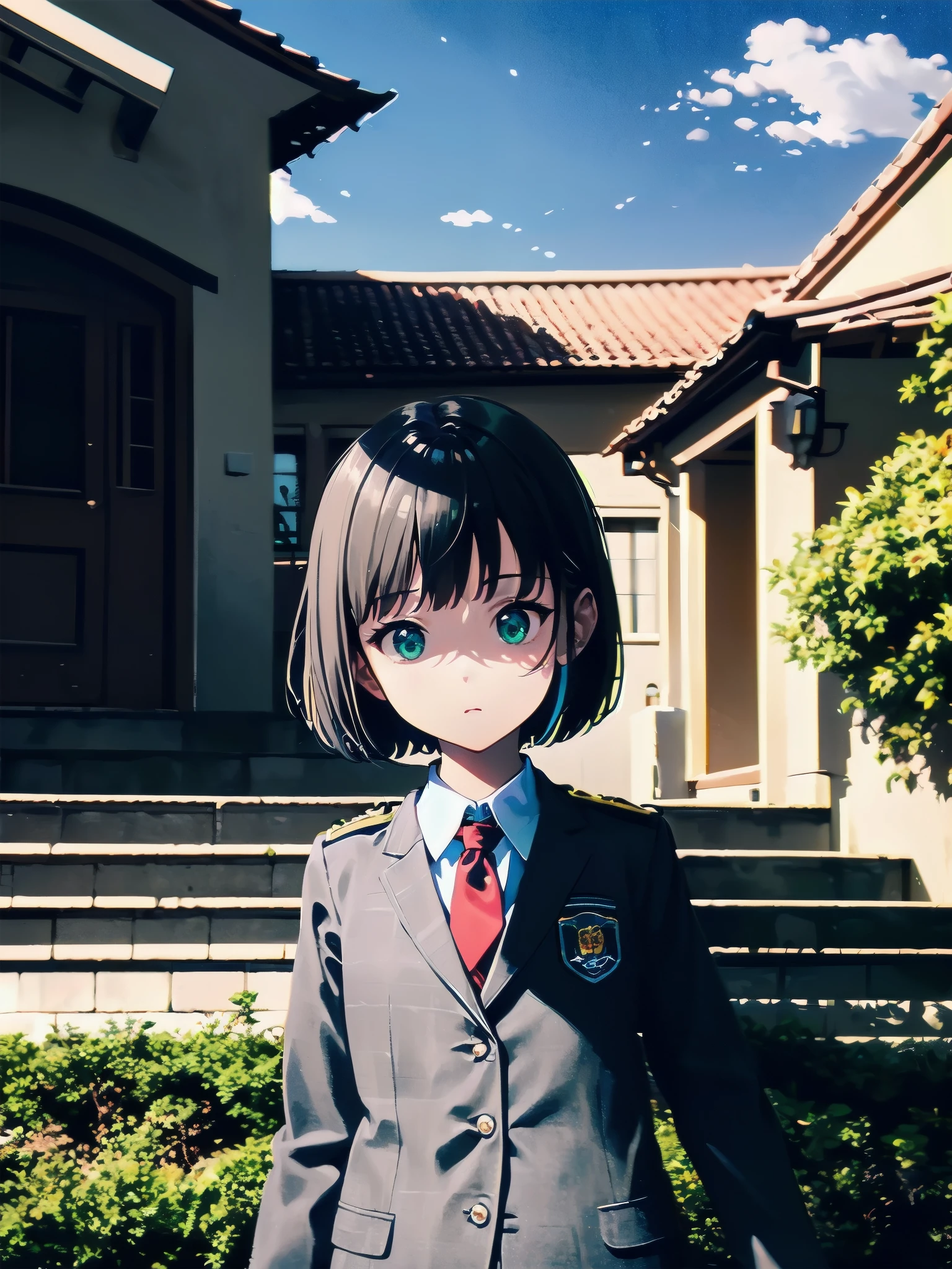 Top-High quality、Highest quality、masterpiece、High Contrast、Colorful、Elegance、Sexy expression、high school girl、Beauty、Bob cut braids、uniform、(red blazer)、Ribbon tie、(Green and gray plaid skirt)、(black tightovie-like shadows、fine shading、cute、Truly unbelievably cute absurd、outside、School trip、national treasures、Traditional buildings、blue sky